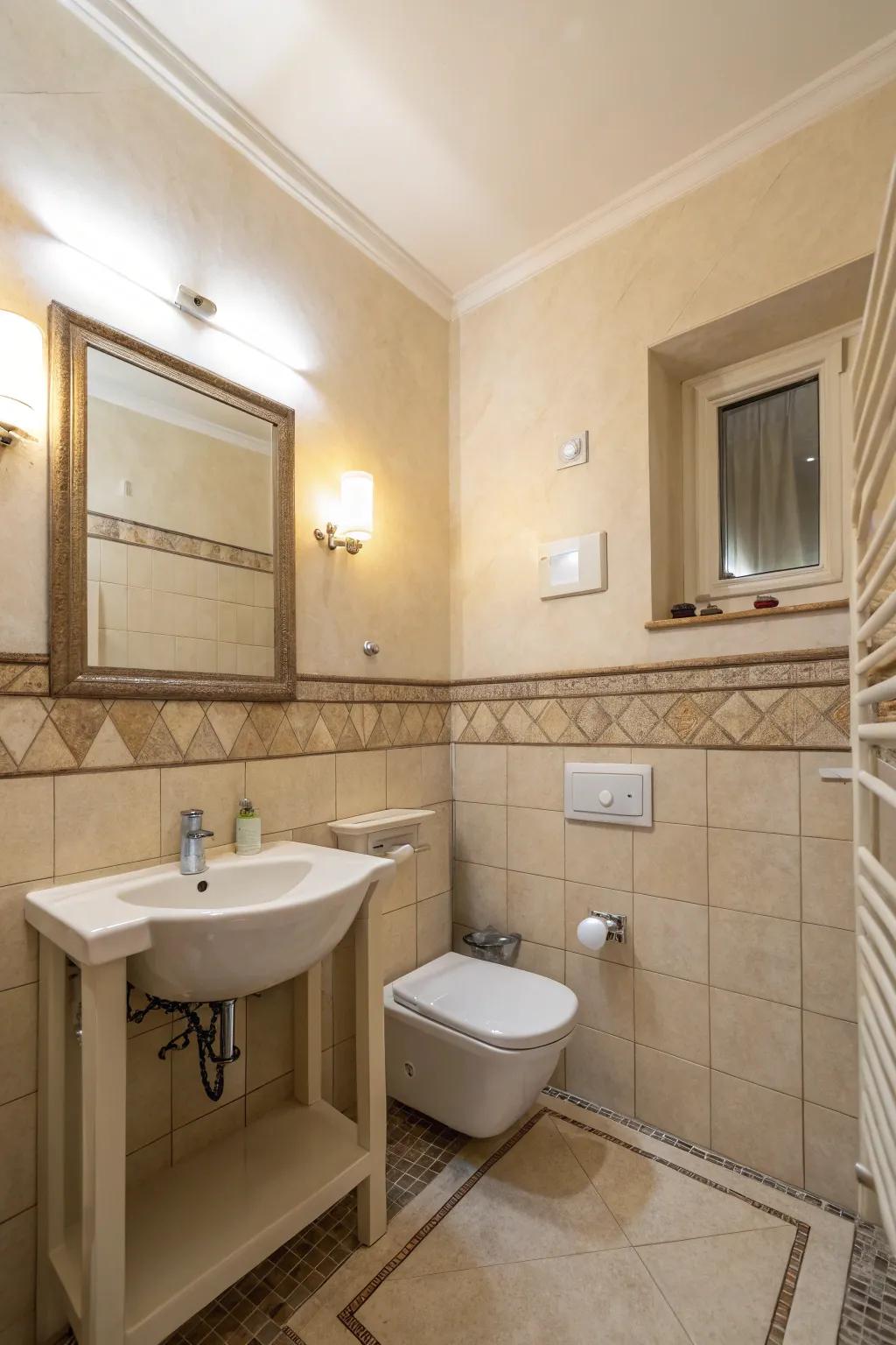 A serene small bathroom showcased in neutral beige.