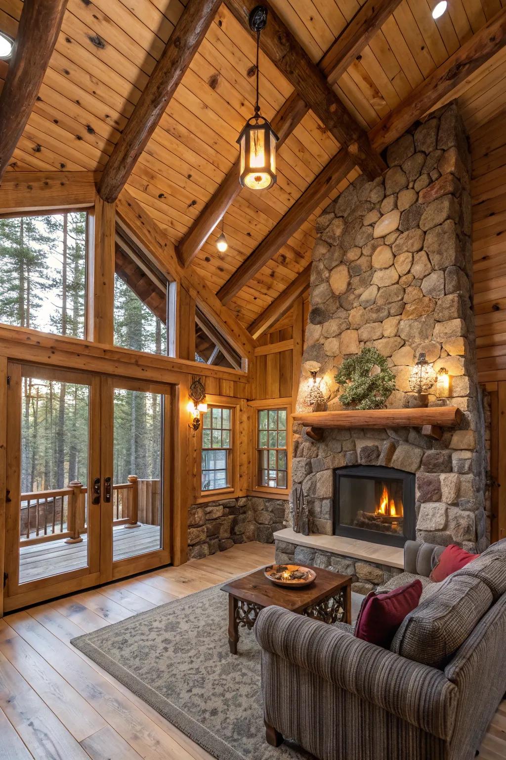A cozy cabin interior featuring wooden beams and natural stone features.