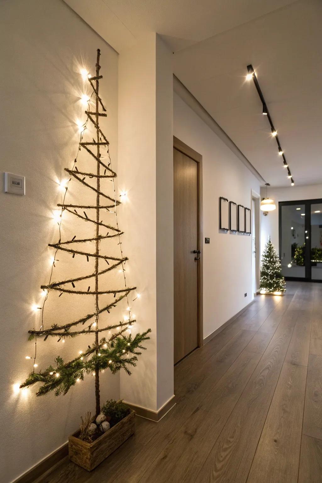A space-saving wall-mounted Christmas tree made from branches and lights.
