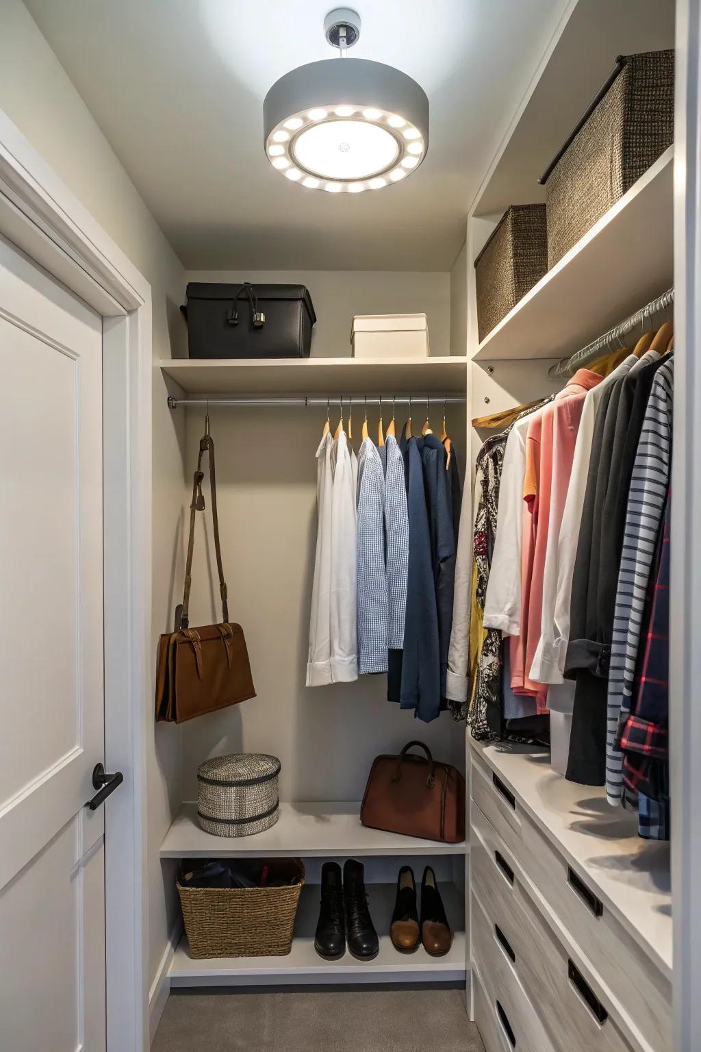 An overhead light source lights up a small closet area.