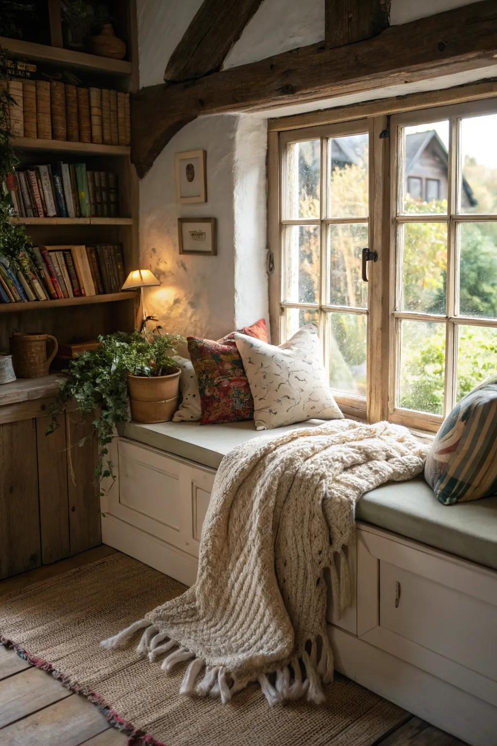A comfy reading area perfect for unwinding in a compact cottage.