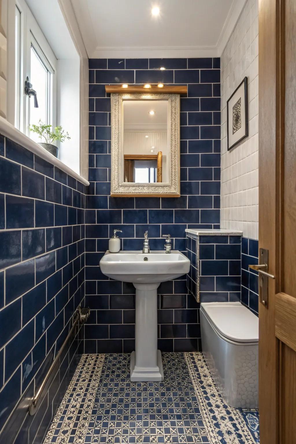 Deep blue tiles establish a striking yet graceful atmosphere within this compact bathroom.