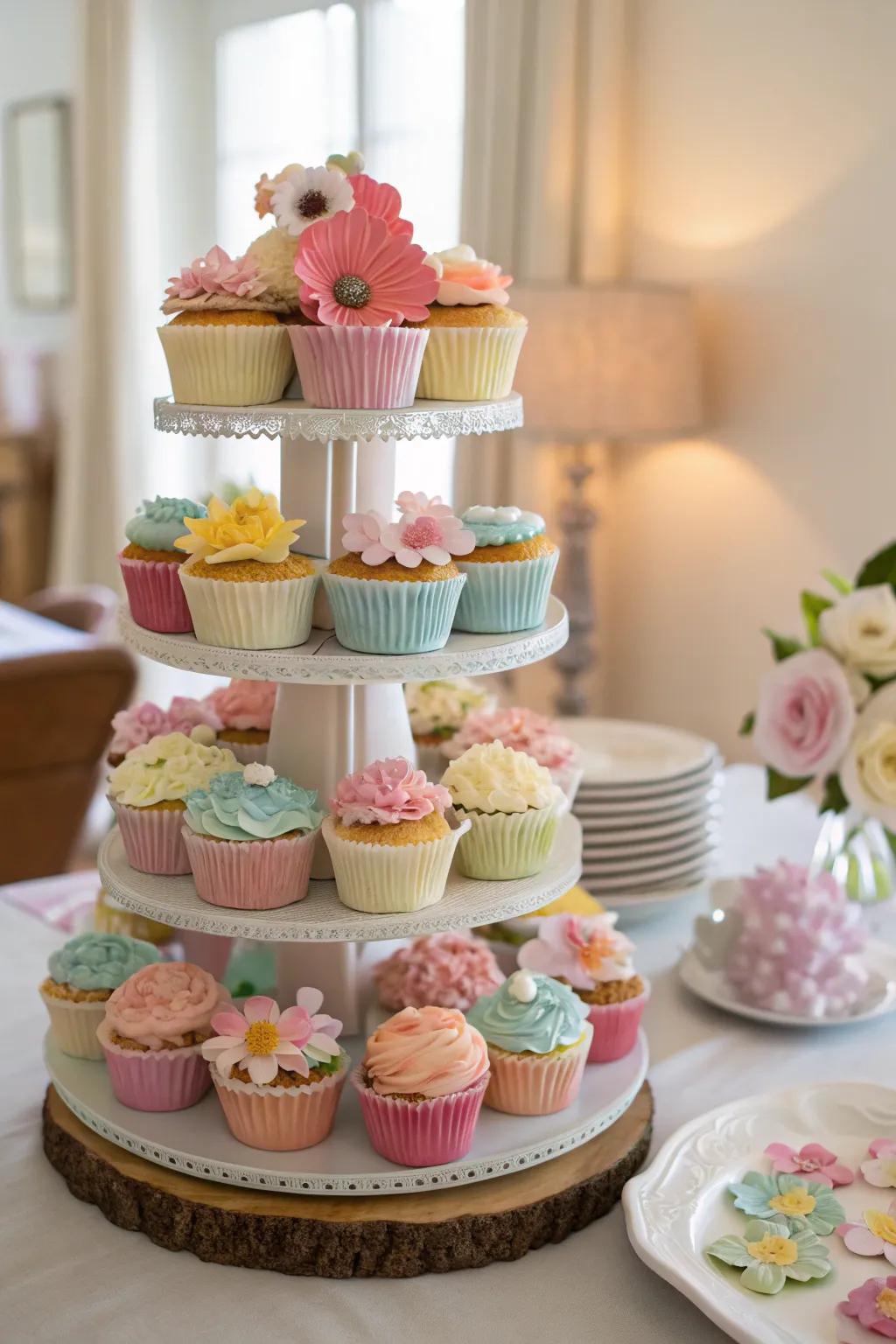 A soaring display of pastel cupcakes lends sophistication to a small dessert table.