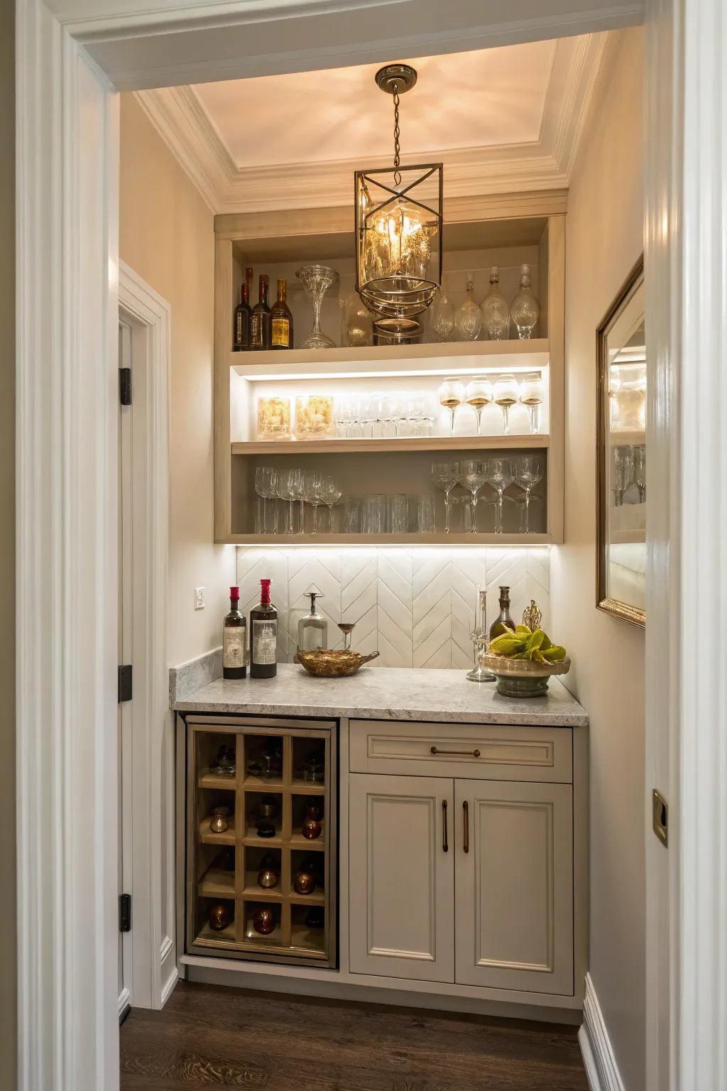 A closet reimagined as an elegant dry bar.