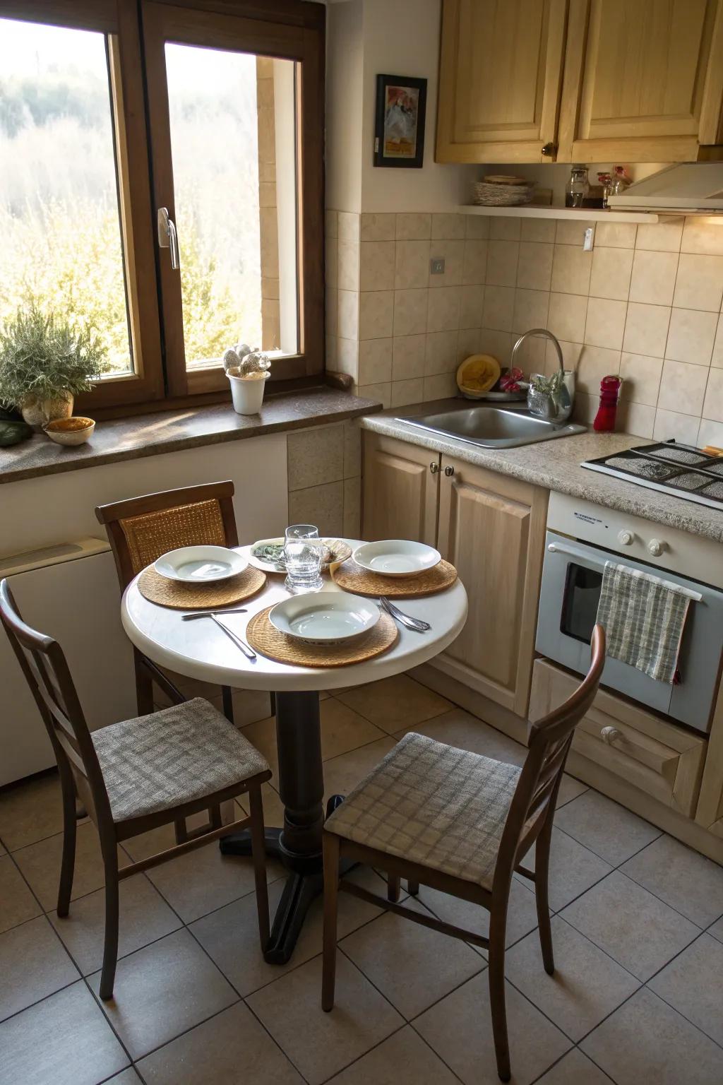 A space-saving dining table fits perfectly in a cozy kitchen corner.