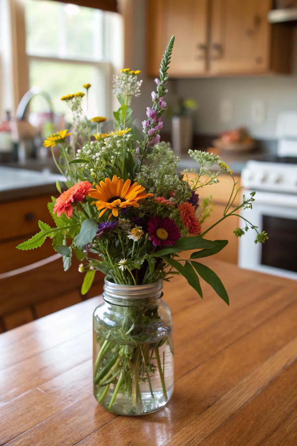 An endearing arrangement in a glass jar, imbuing a sense of countryside allure.