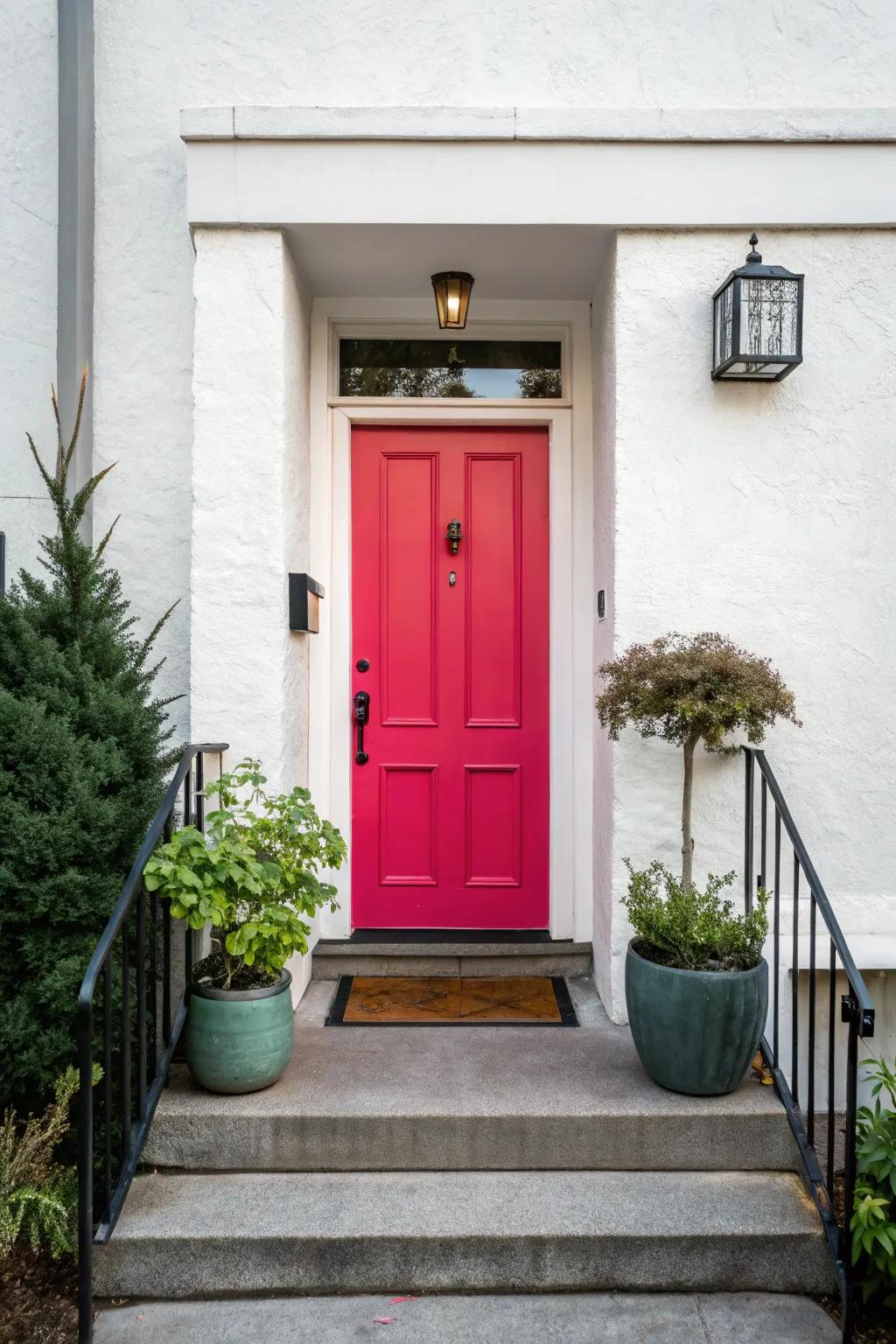 A boldly colored front door enlivens a compact entrance.