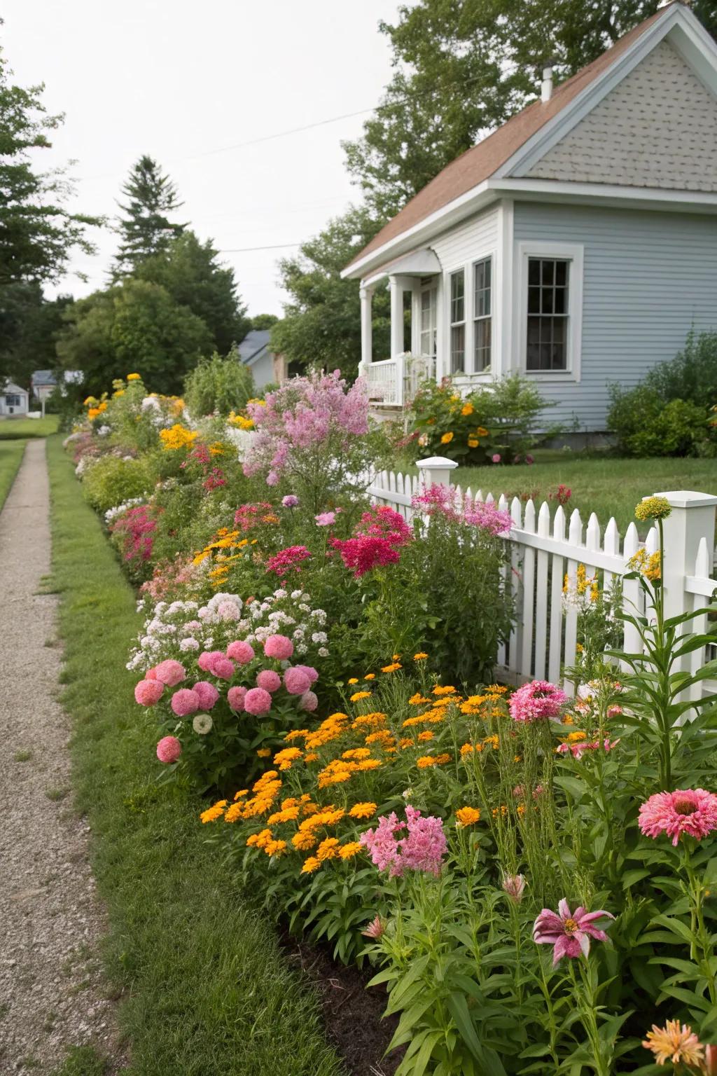 Perennials bring a pop of colour to a compact front yard.