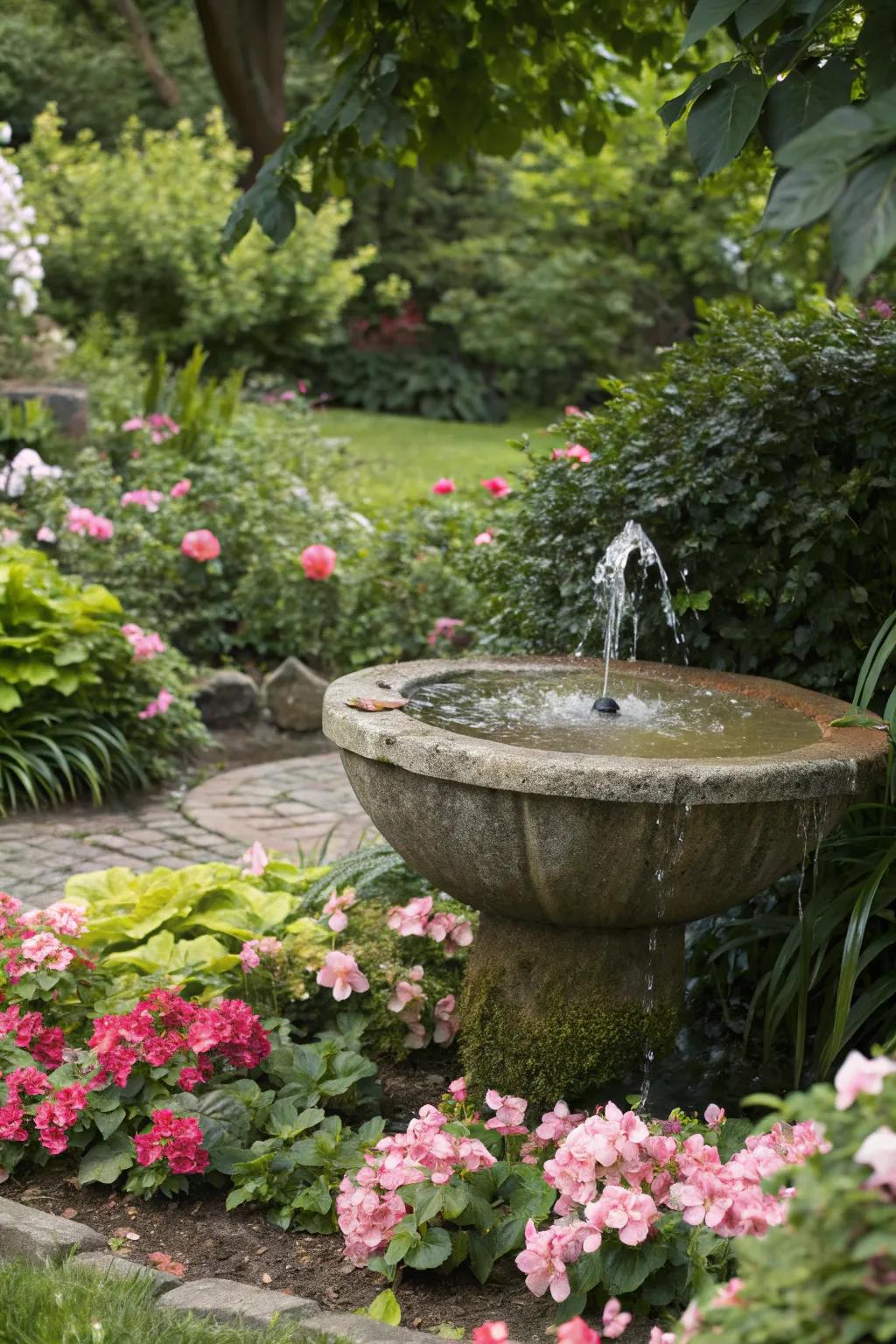 A classic rock bowl water feature enriches grace and calm.