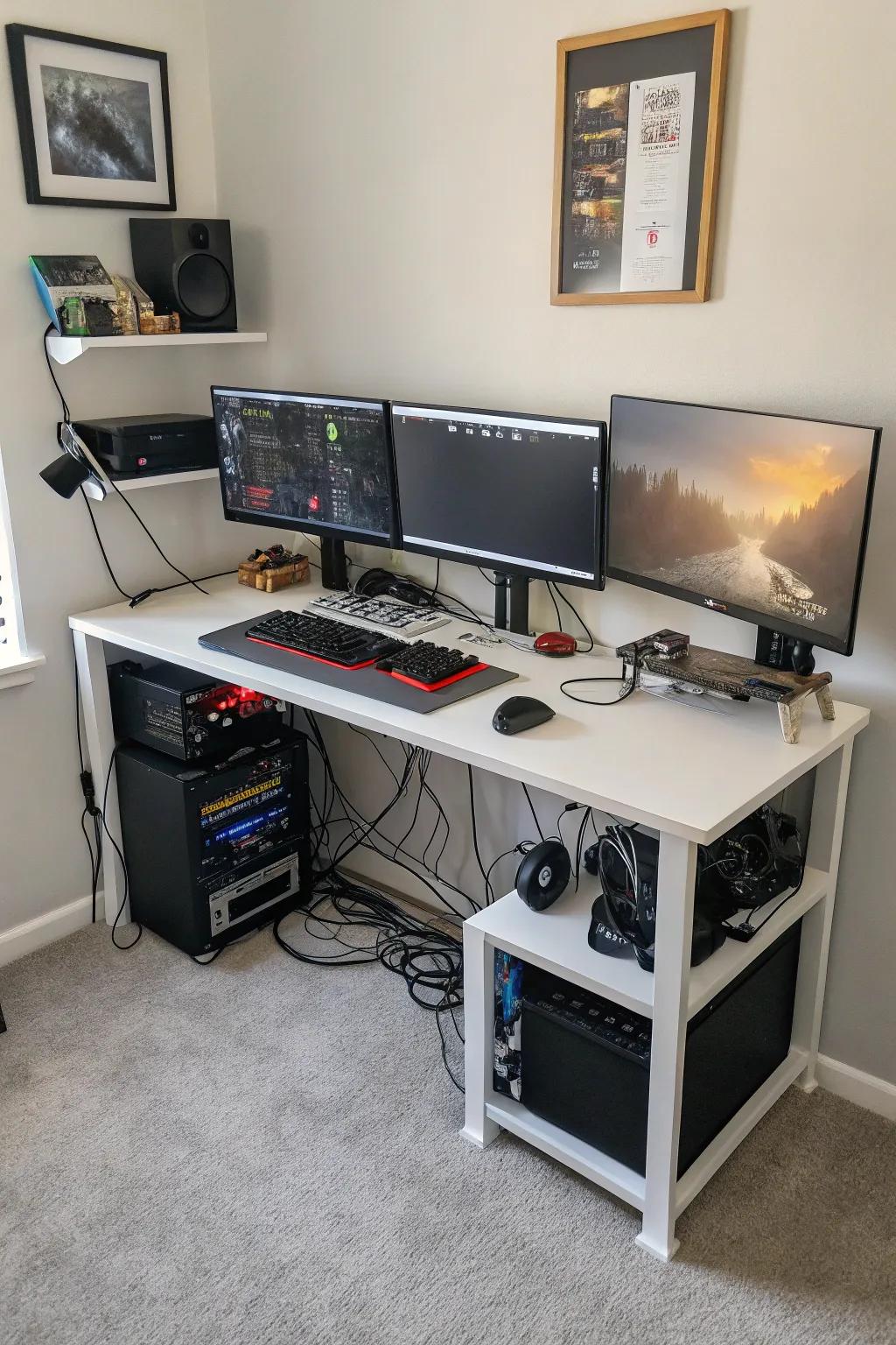 A space-saving workstation setup featuring multiple displays, perfect for smaller rooms.