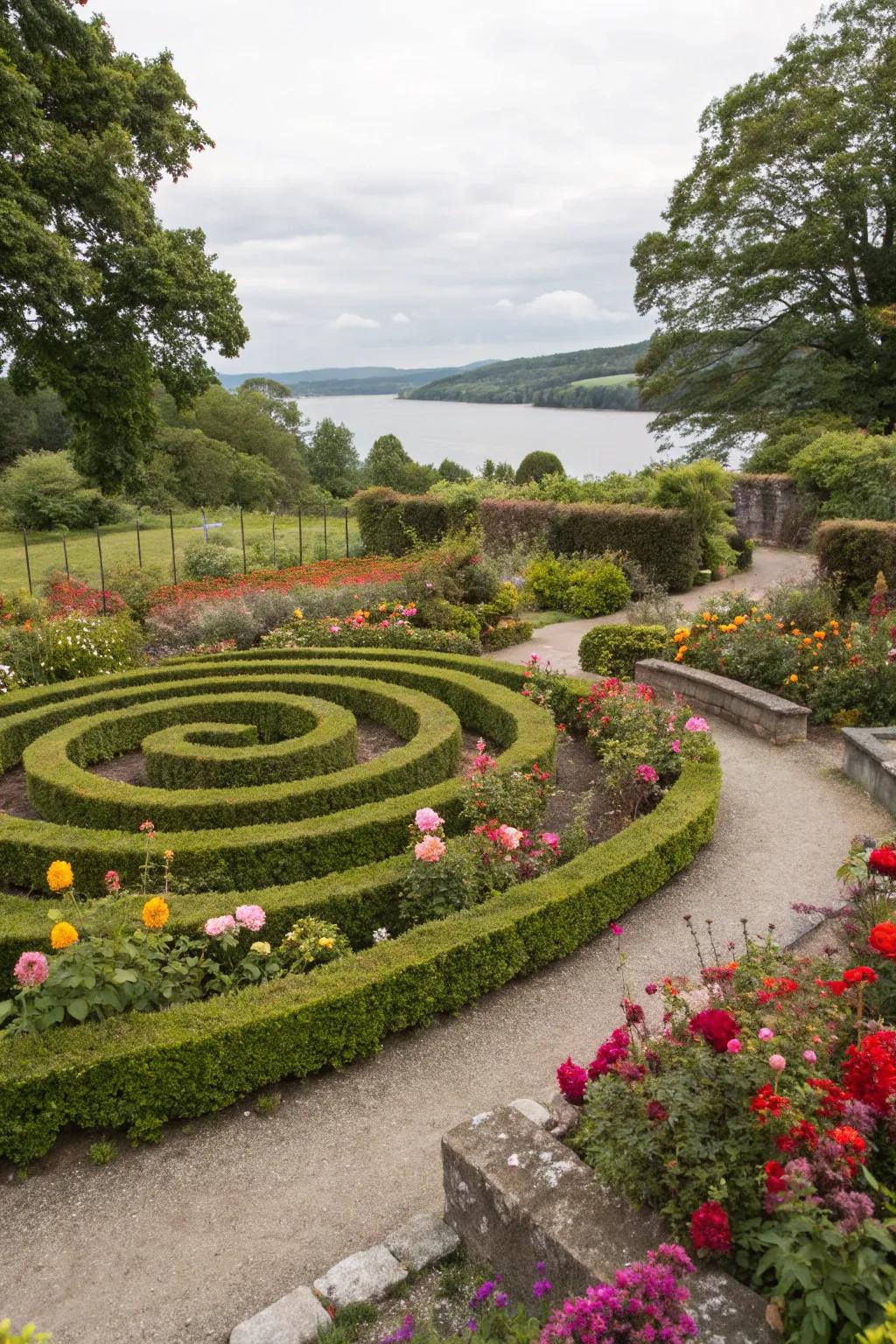A dense coiled labyrinth design realized with short hedges in a modest garden setting.