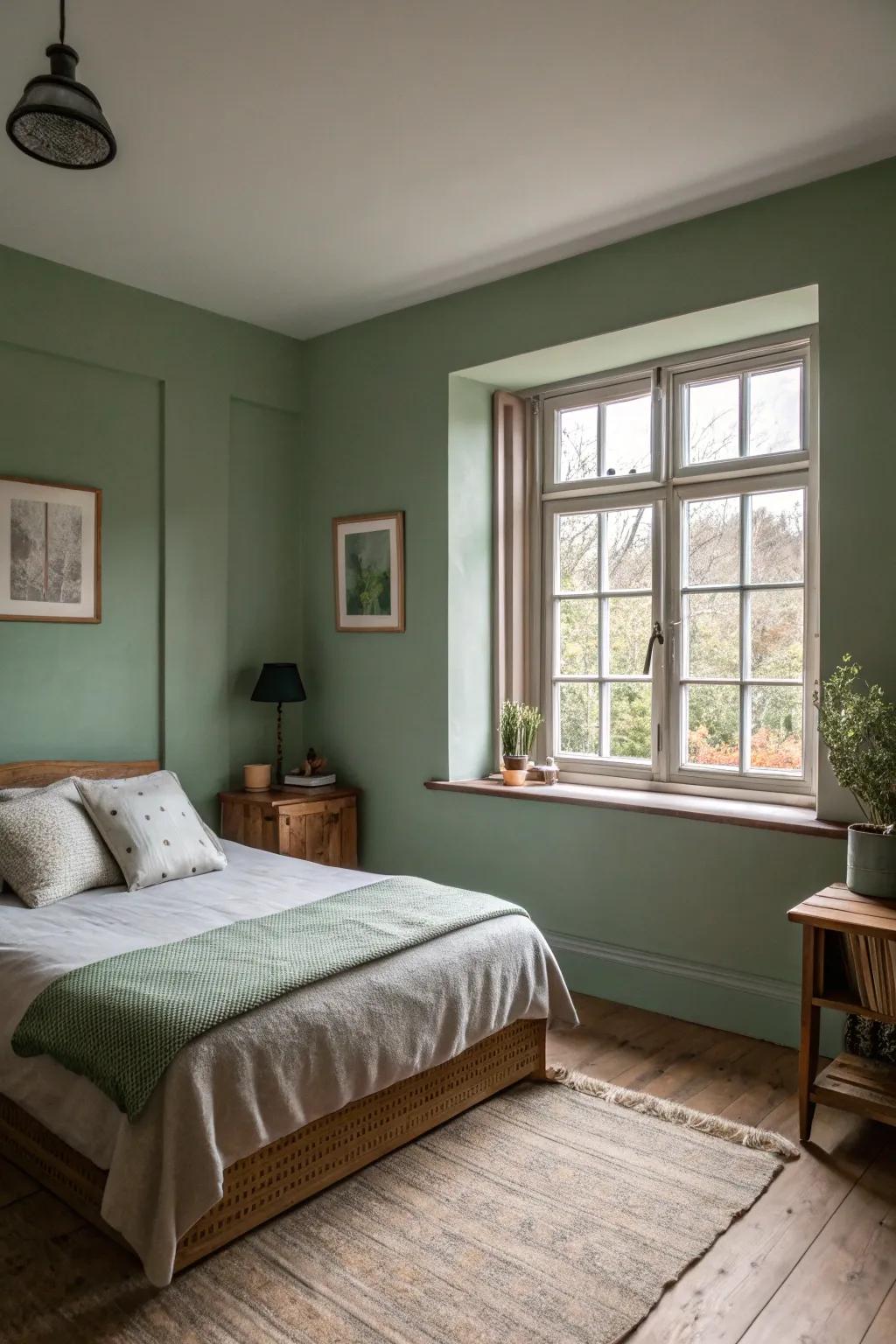 Walls painted sage green provide a serene foundation in a small bedroom.