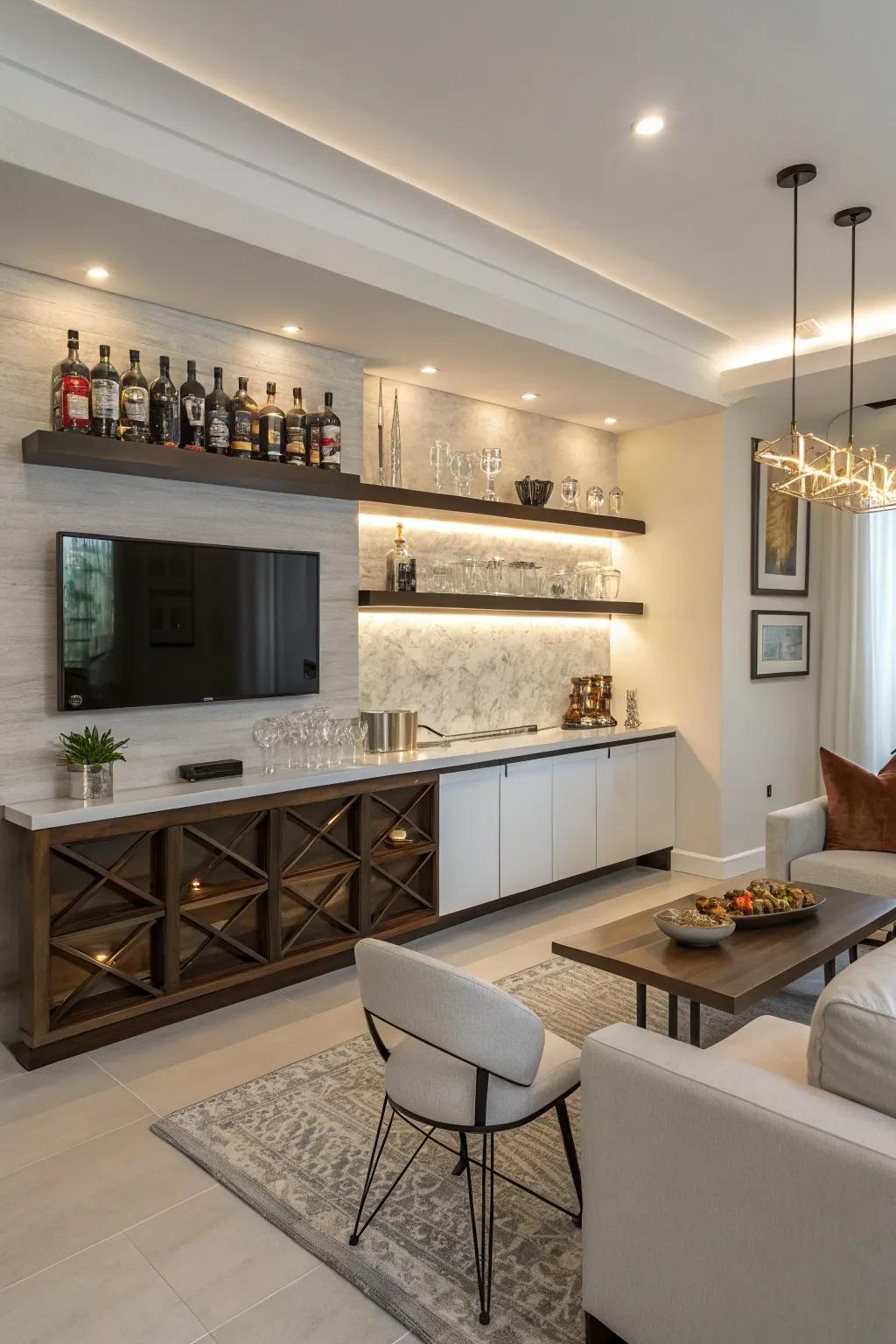 A corner refreshment center brings style and utility to otherwise unused spaces.