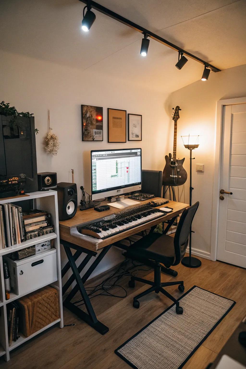 A compact desk arrangement ensures your studio remains orderly and efficient.