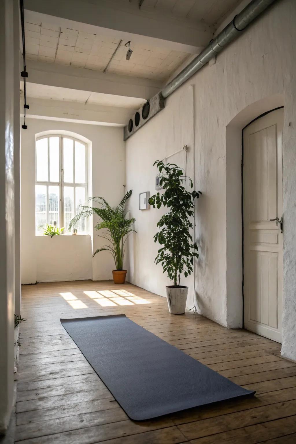Minimalistic yoga room featuring a single yoga mat and plant.