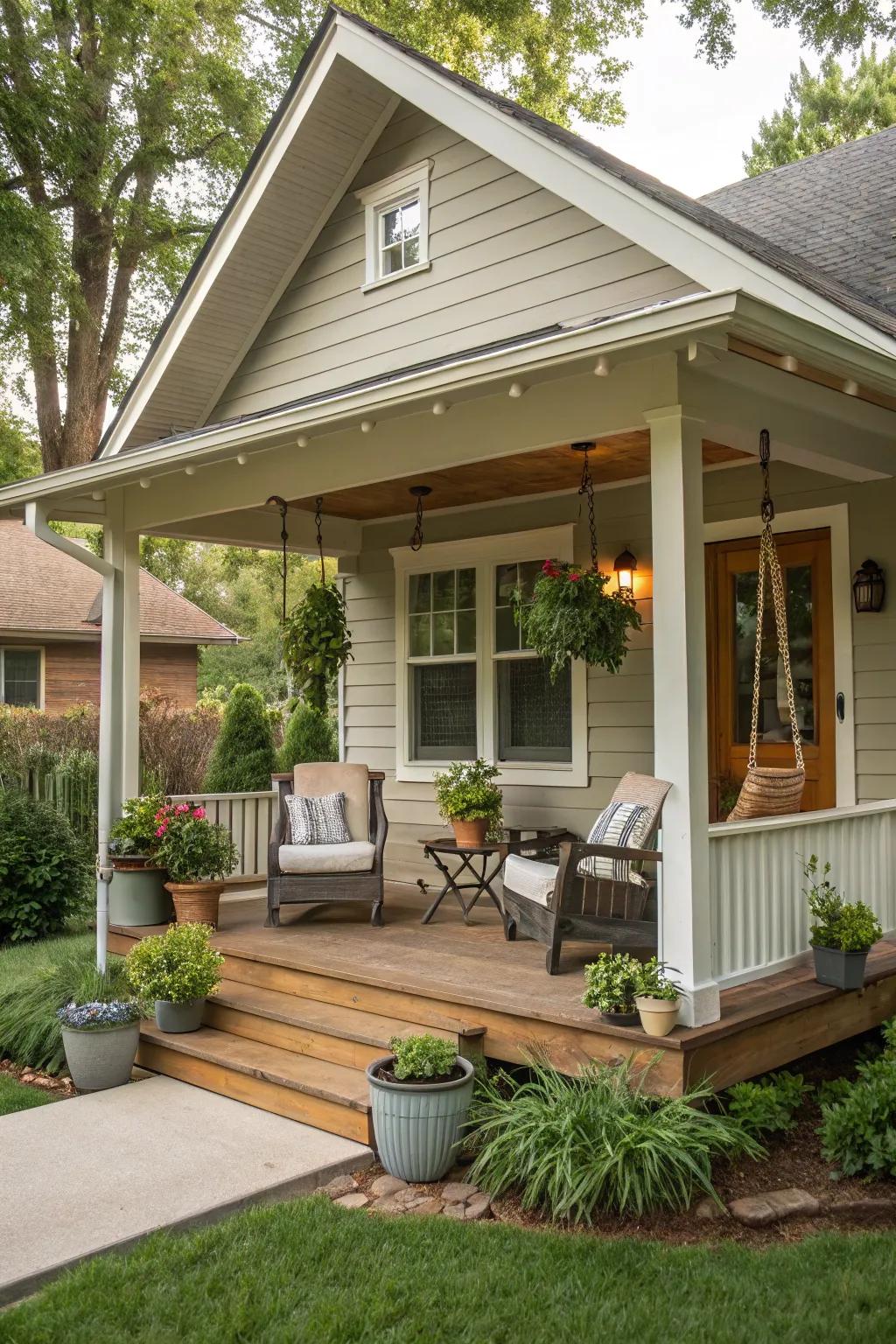 A compact front porch presents a friendly welcome and a serene spot to unwind.