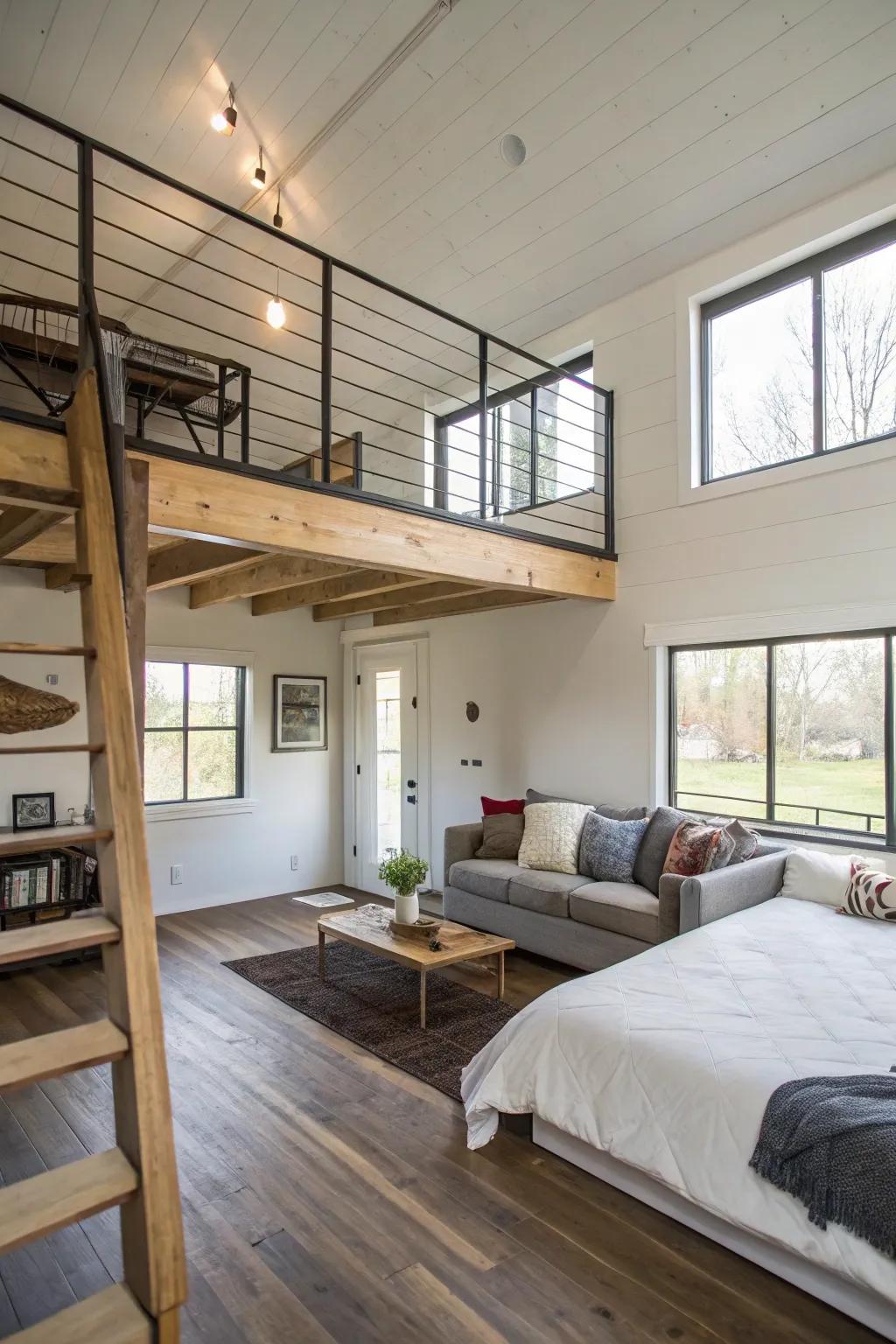 A loft bedroom looks over a cozy living area in a small city house.