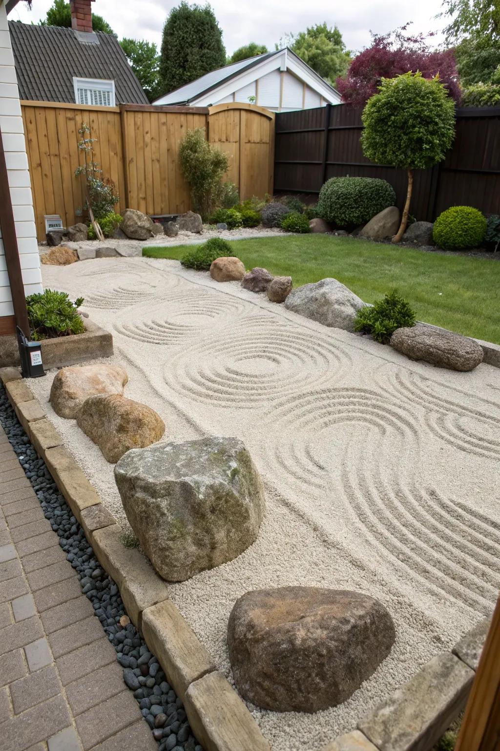 A miniature Zen sand garden that provides a tranquil space for introspection.