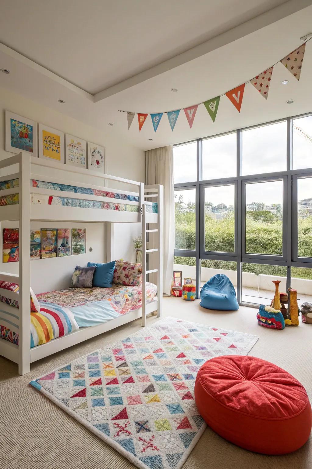 Multi-level sleepers free up space on the floor, leaving extra area for play in a compact kids' room.