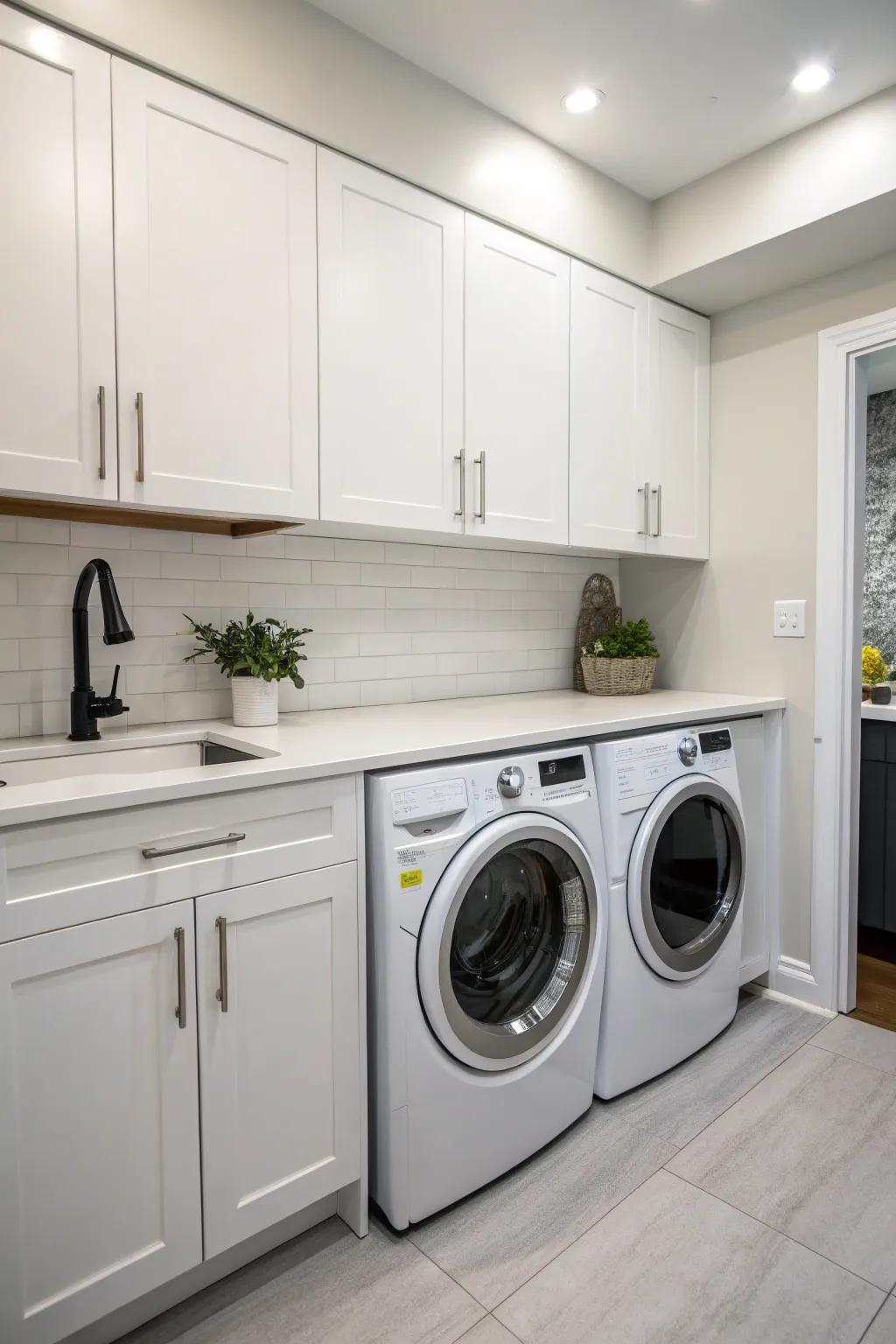 A streamlined small kitchen featuring a concealed under-counter washer and dryer.