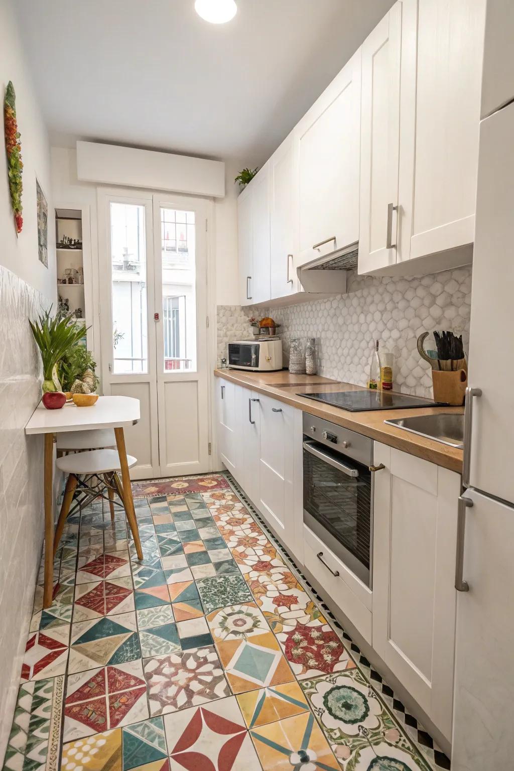 Geometric patterned tiles infuse vibrancy into compact spaces.