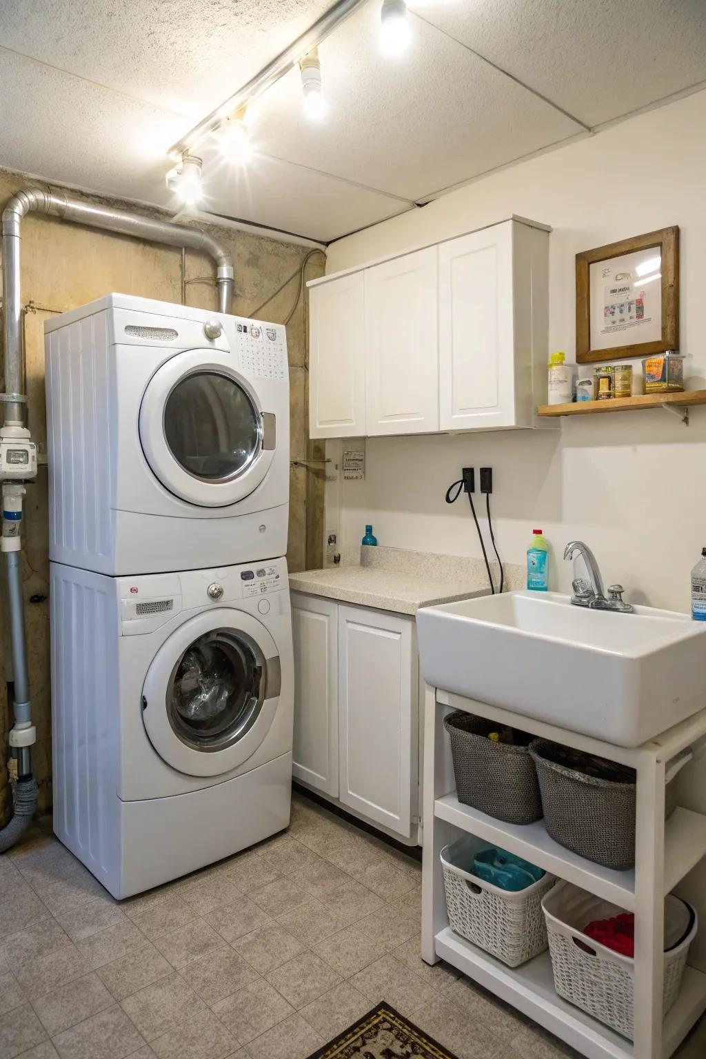 Making good use of high-up space inside a small laundry area.