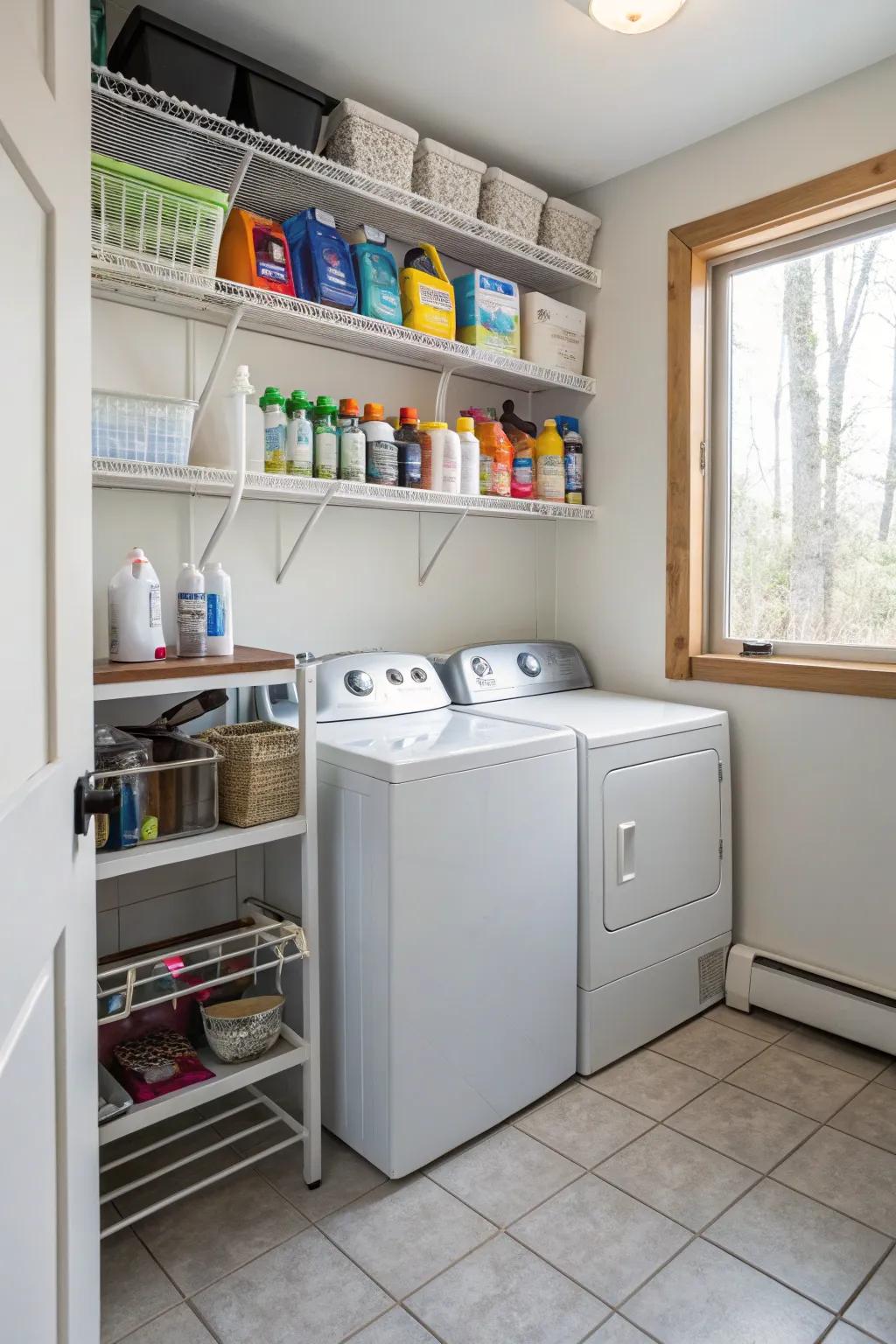 Maximize wall usage with vertical storage solutions for a spotless laundry area.