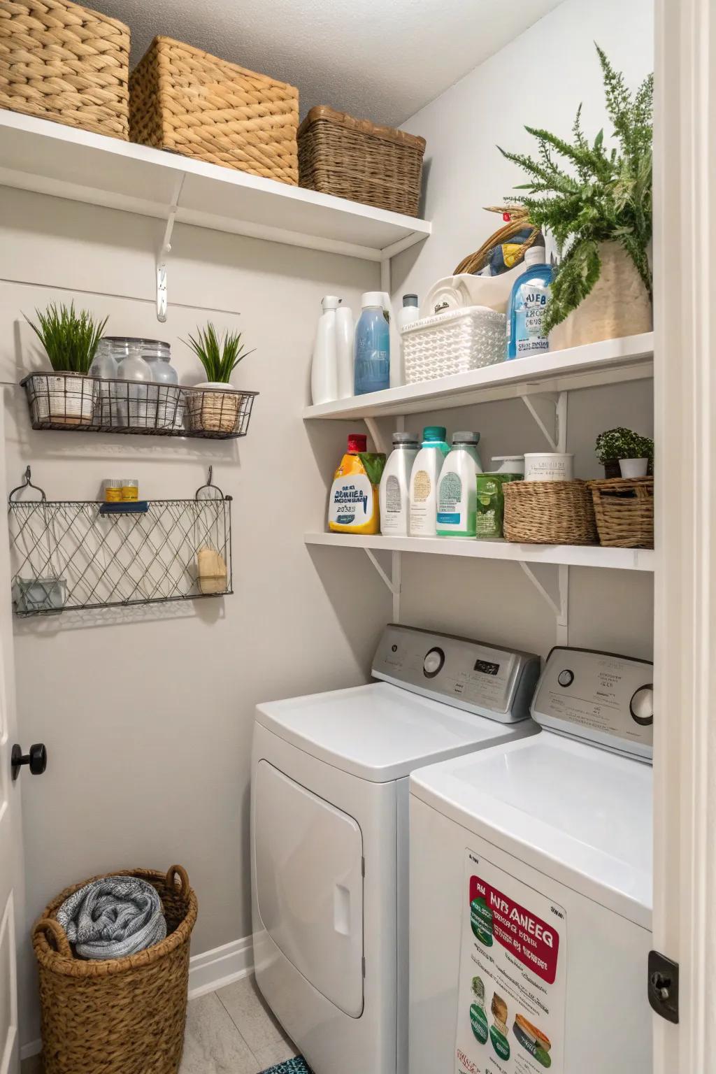 Wall-mounted shelving brings organization and flair to a tight laundry area.