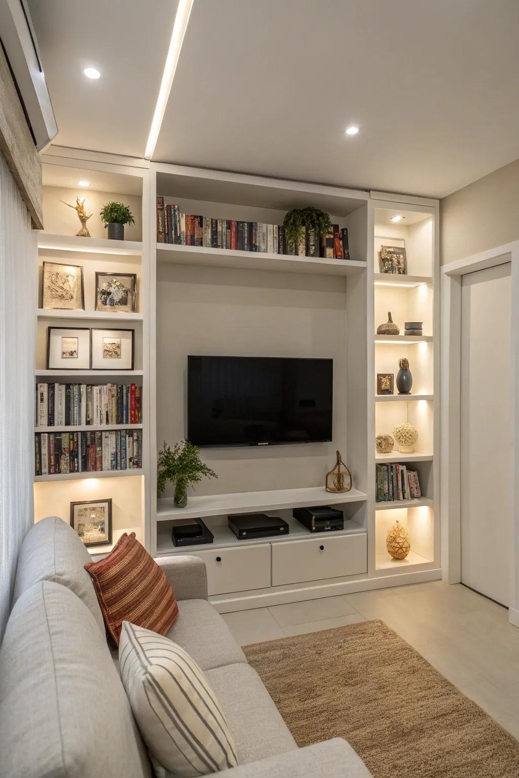 Utilizing vertical space for your TV helps maintain an open and spacious living room.