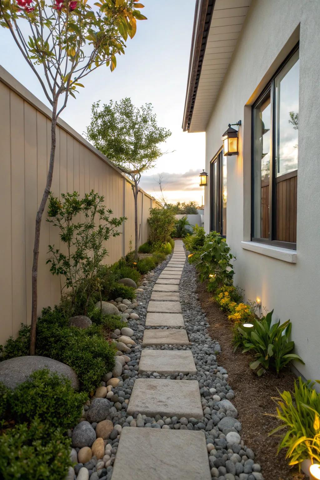 A stone walkway enhances the appeal and practicality of a compact side yard.