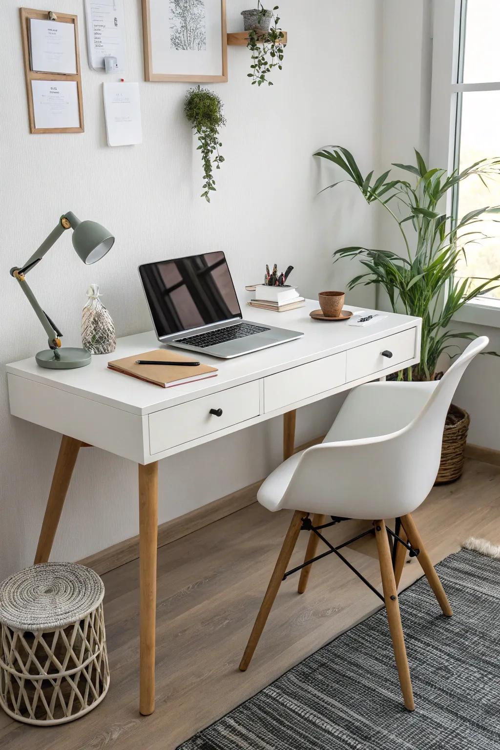 A minimalist desk is the centerpiece, offering simplicity and style.