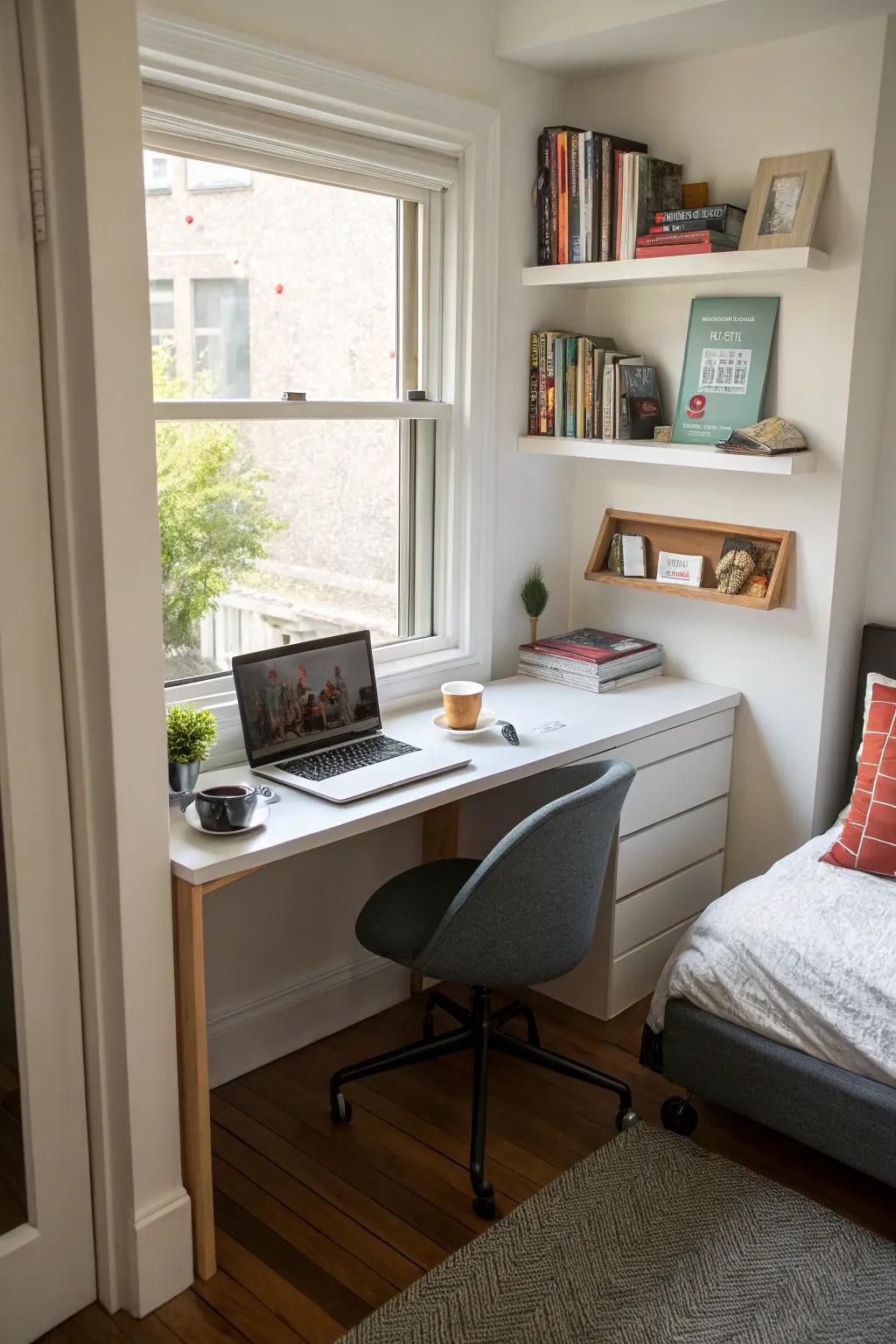 A streamlined office area seamlessly fitted into a bedroom corner.