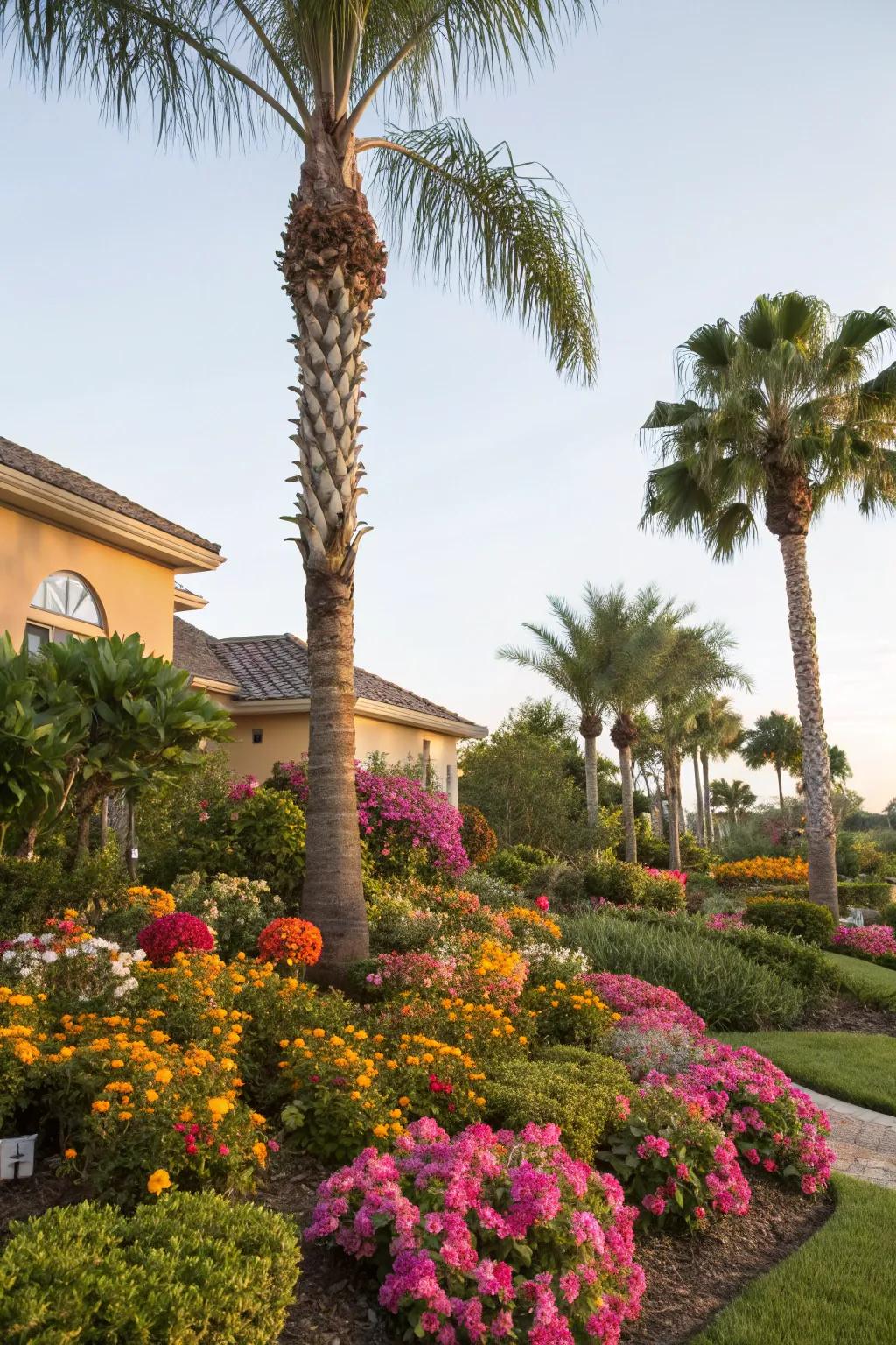 Bright flowers and shrubs make an excellent addition to smaller palm trees.