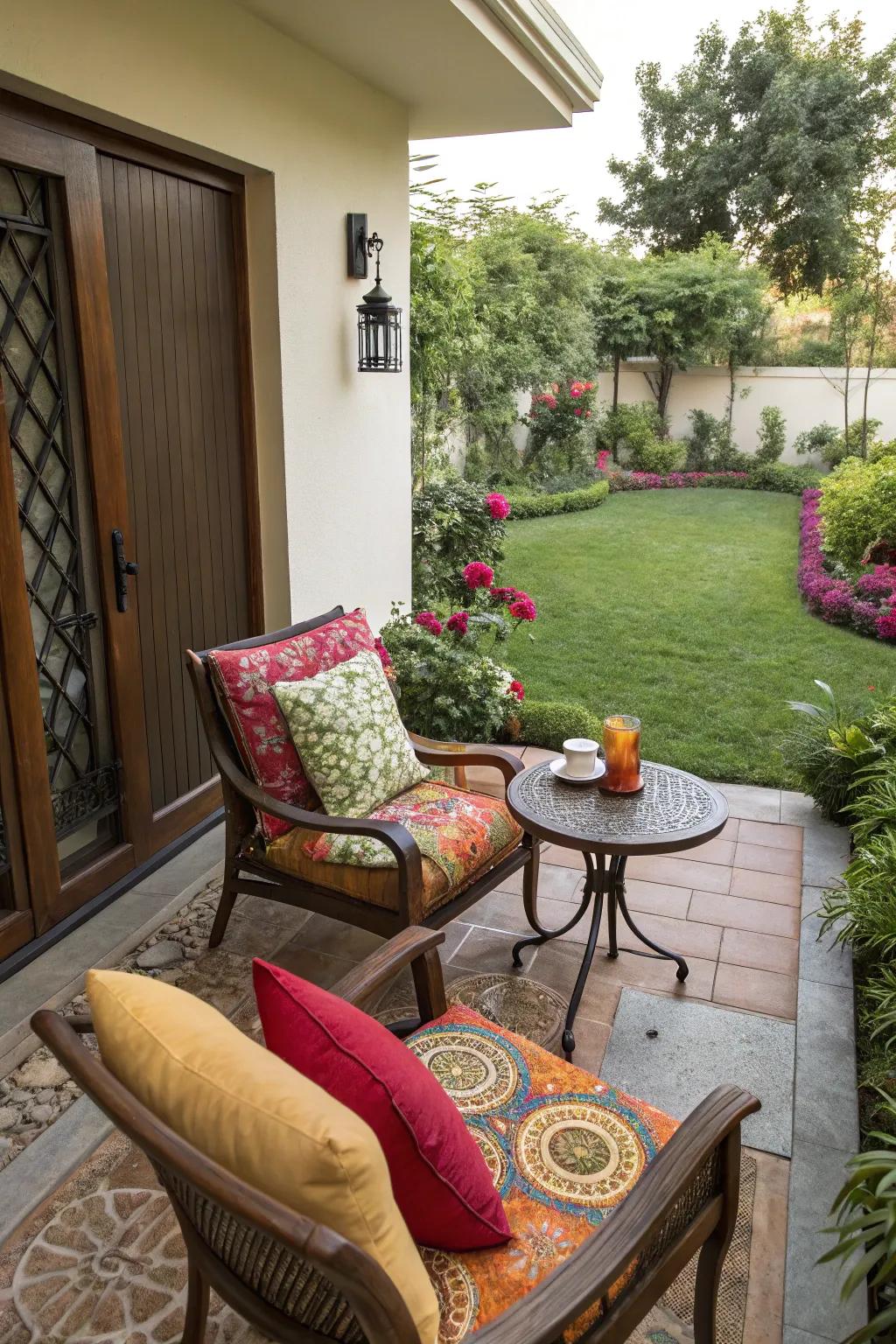 A small patio featuring a comfortable seating area that combines style and comfort.
