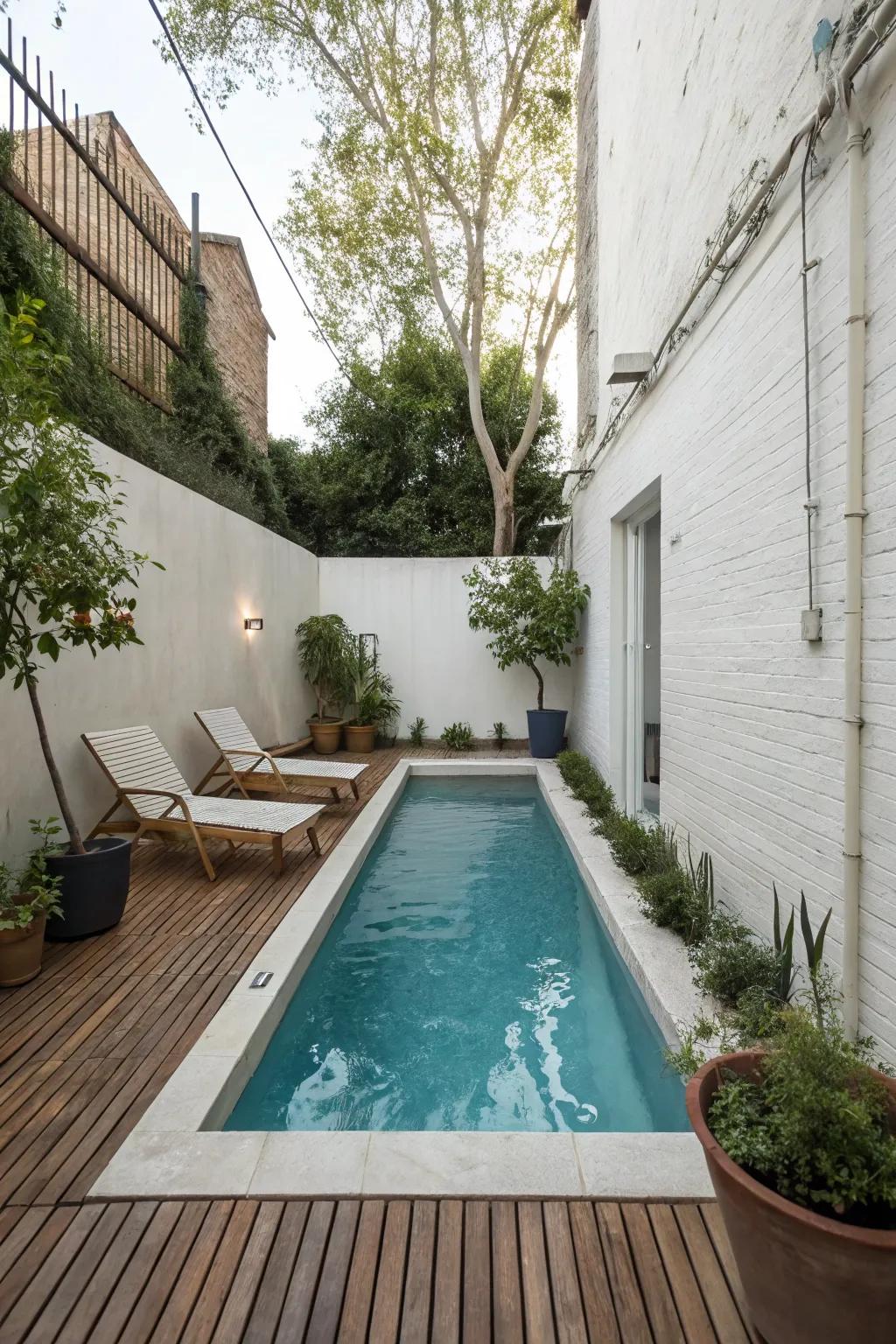 A streamlined rectangular pool integrates flawlessly into a compact backyard, imparting a modern flair.