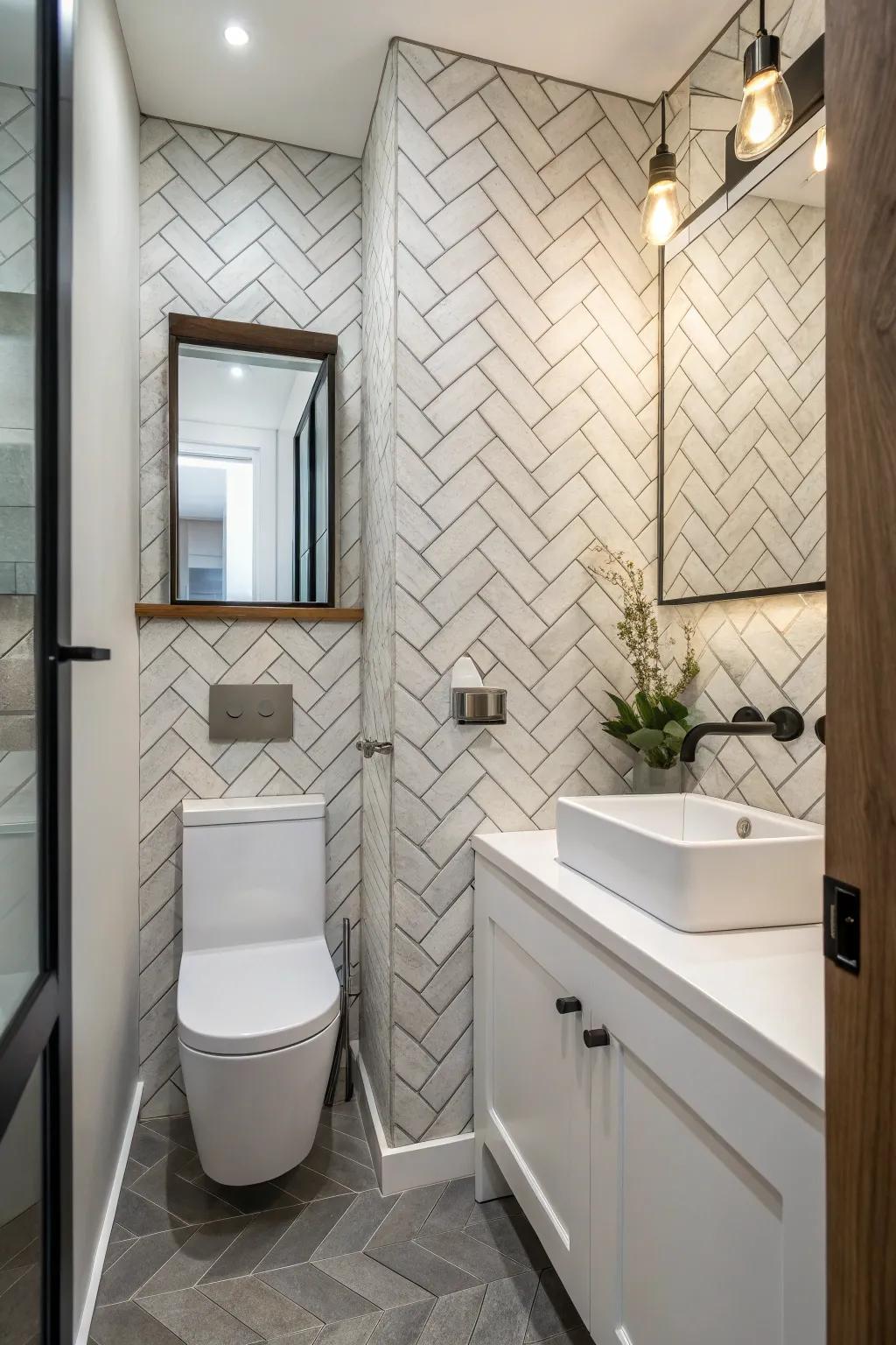 Geometric patterns enhance the visual appeal of a compact powder room.