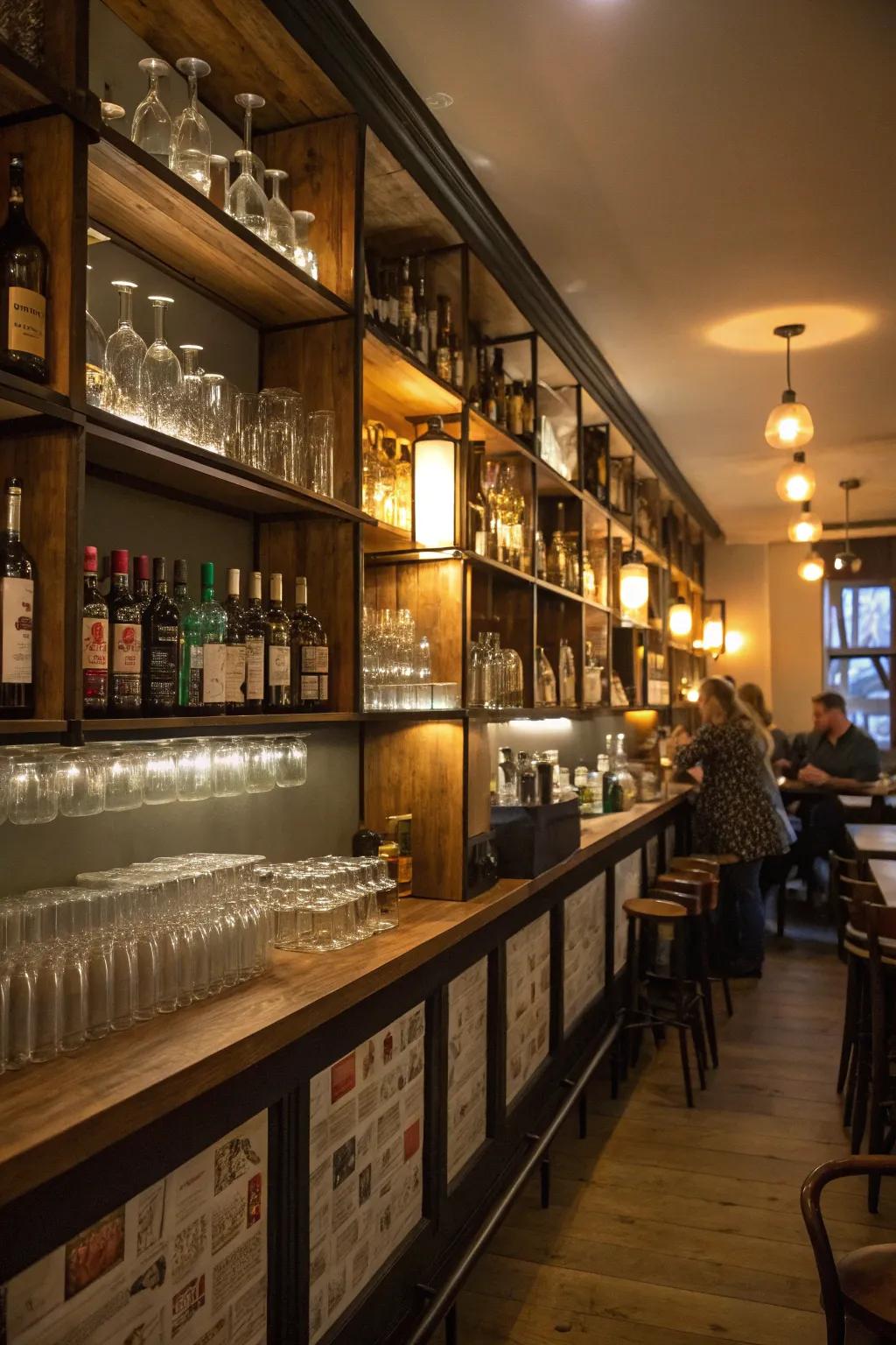 A small restaurant bar utilizing wall-mounted shelving for efficient storage and aesthetic display.