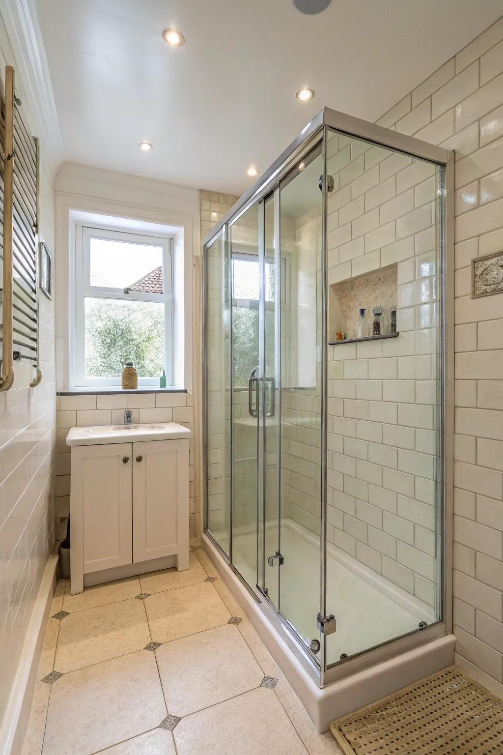 Glass doors in a small shower room create a sense of openness.