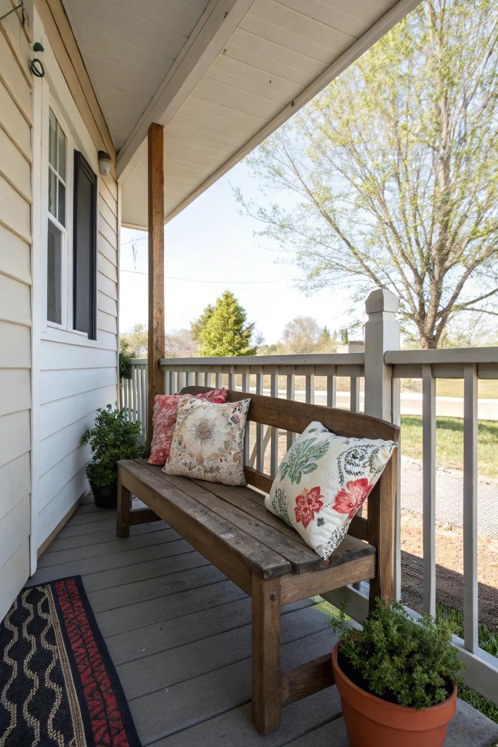 A small wooden bench highlighted by decorative cushions on a side porch.
