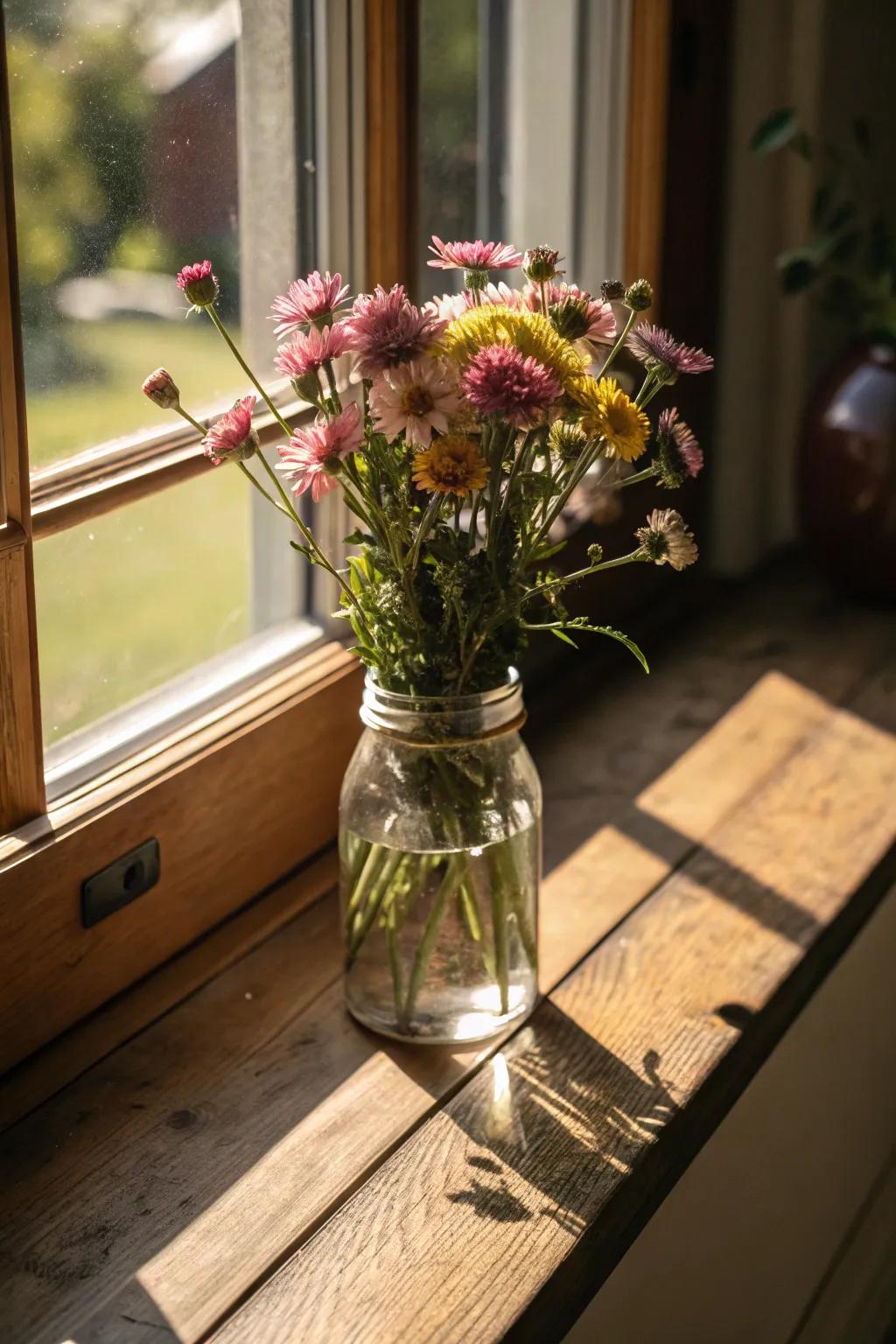 Wildflowers in a canning jar give a homespun charm to any kitchen.