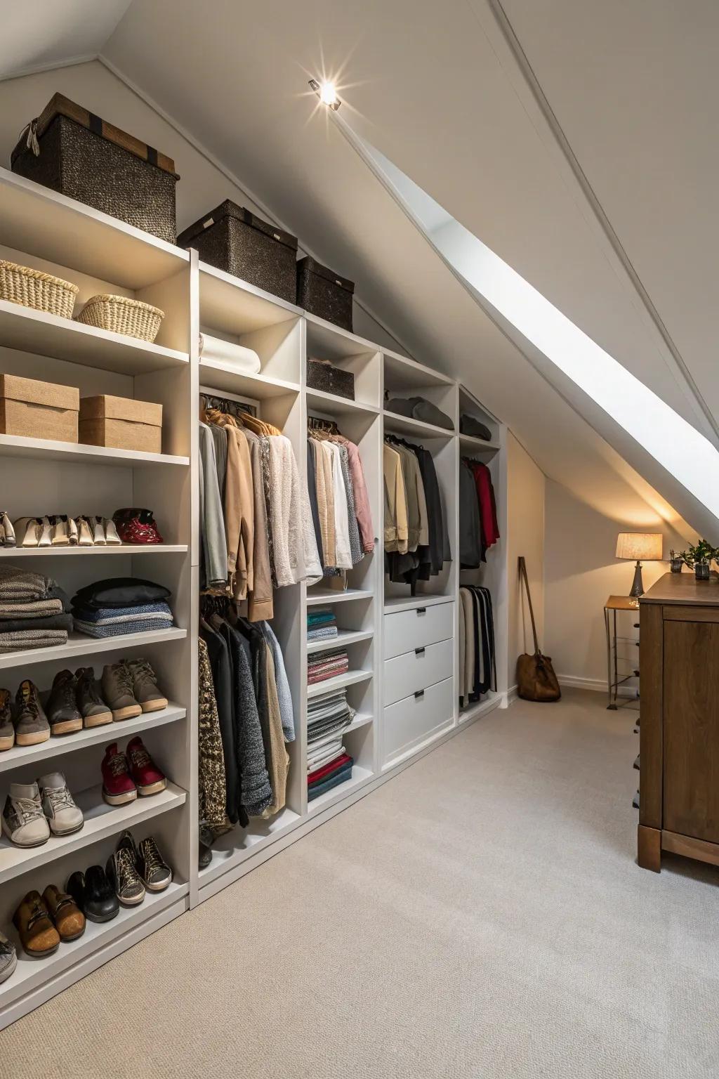 Custom shelving that mirrors the slope transforms an attic into an organized sanctuary.