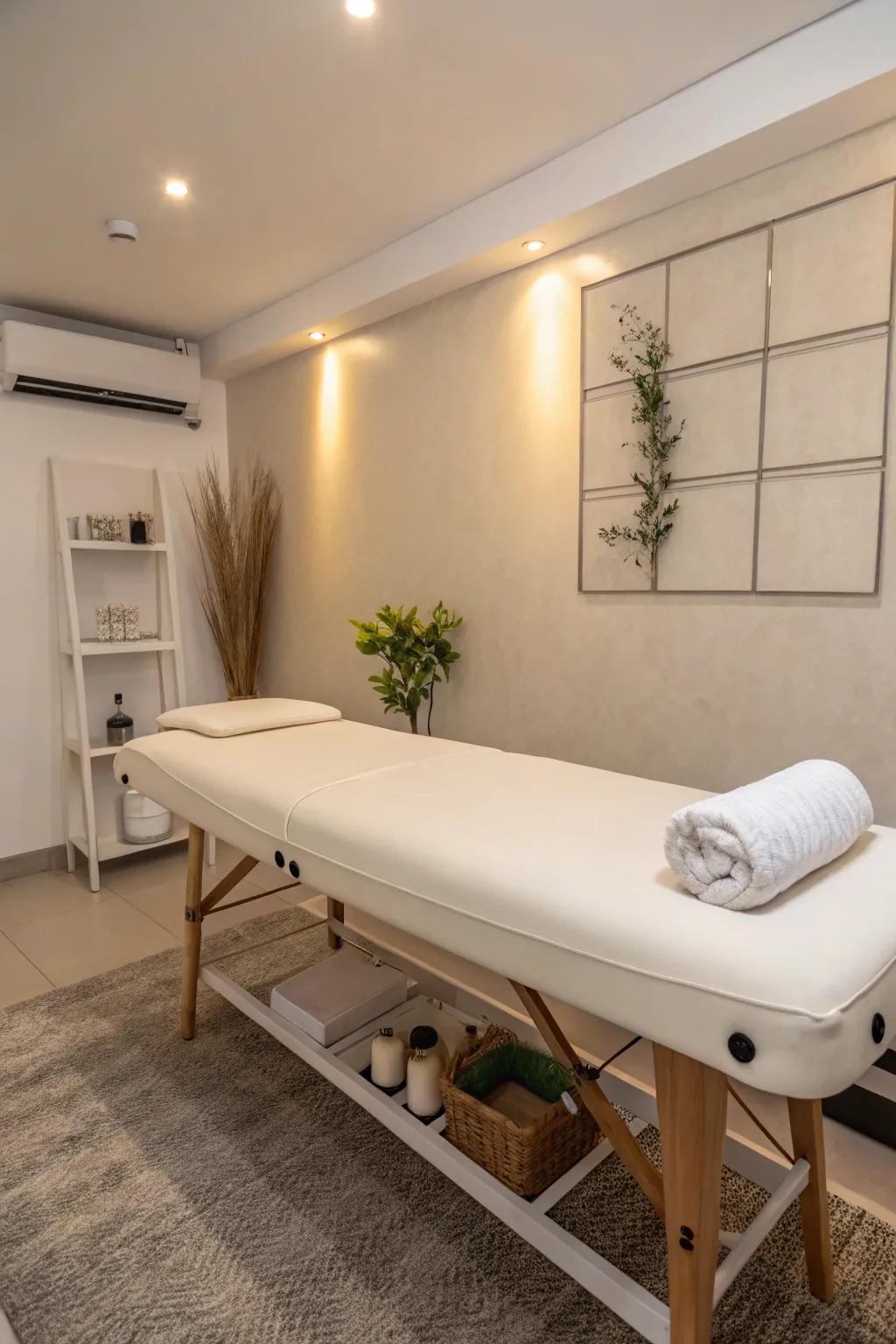 A minimalist approach with streamlined furniture ensures your massage room remains spacious.