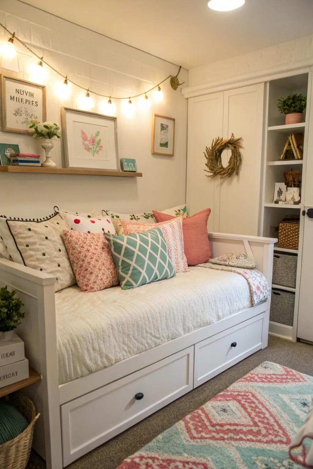 A sofa bed transforms a compact room into a versatile area for relaxing and sleeping.