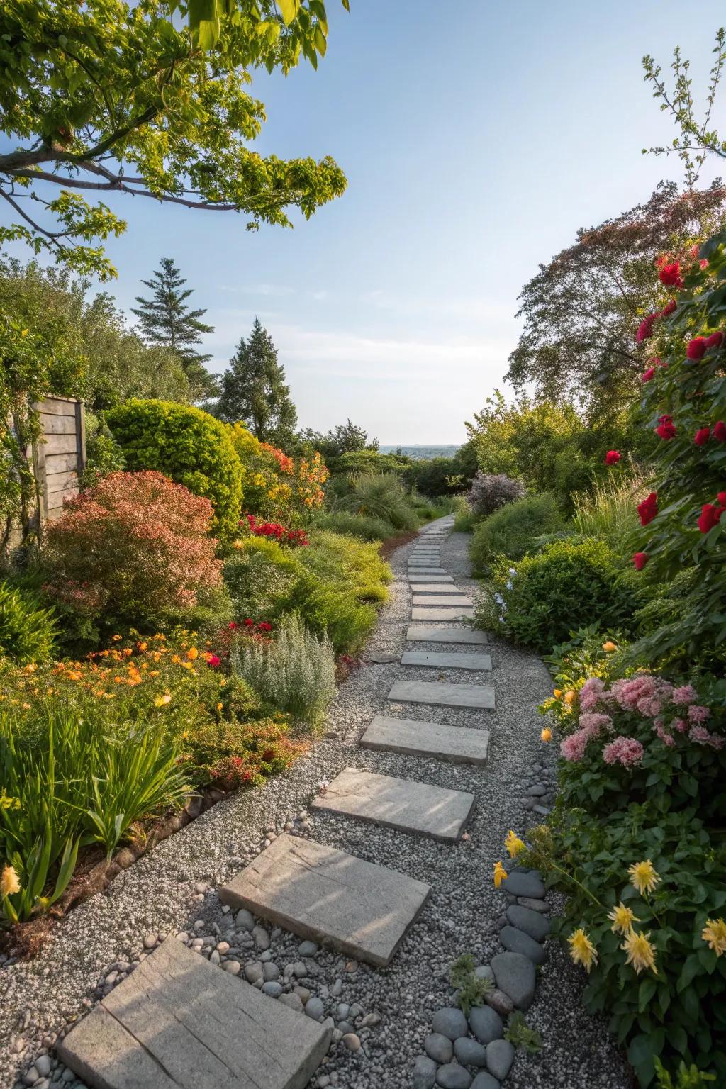 A natural rock walkway meandering through verdant garden foliage.