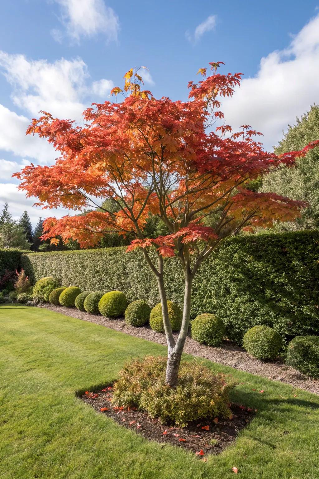 A Japanese maple displaying its magnificent fall hues in a front yard.