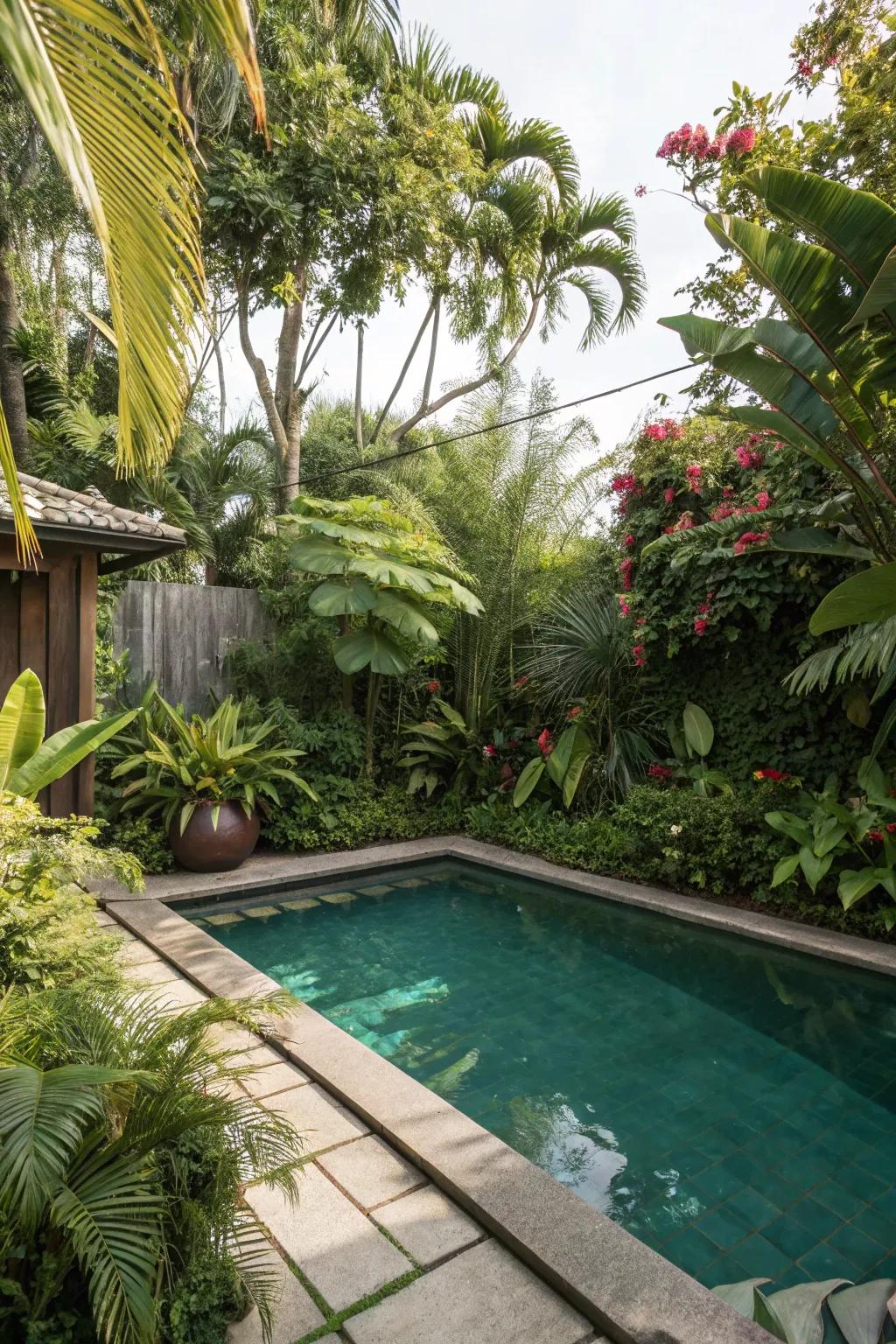 Abundant tropical plants enveloping a compact pool establish a lively and fascinating ambiance.