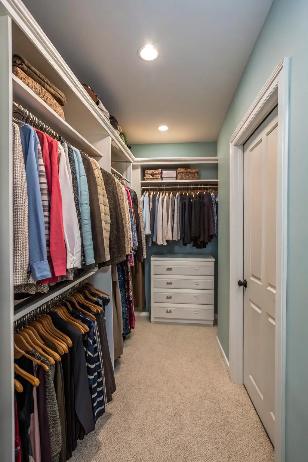 Dual hanging rails fully utilize vertical extent in a small closet.