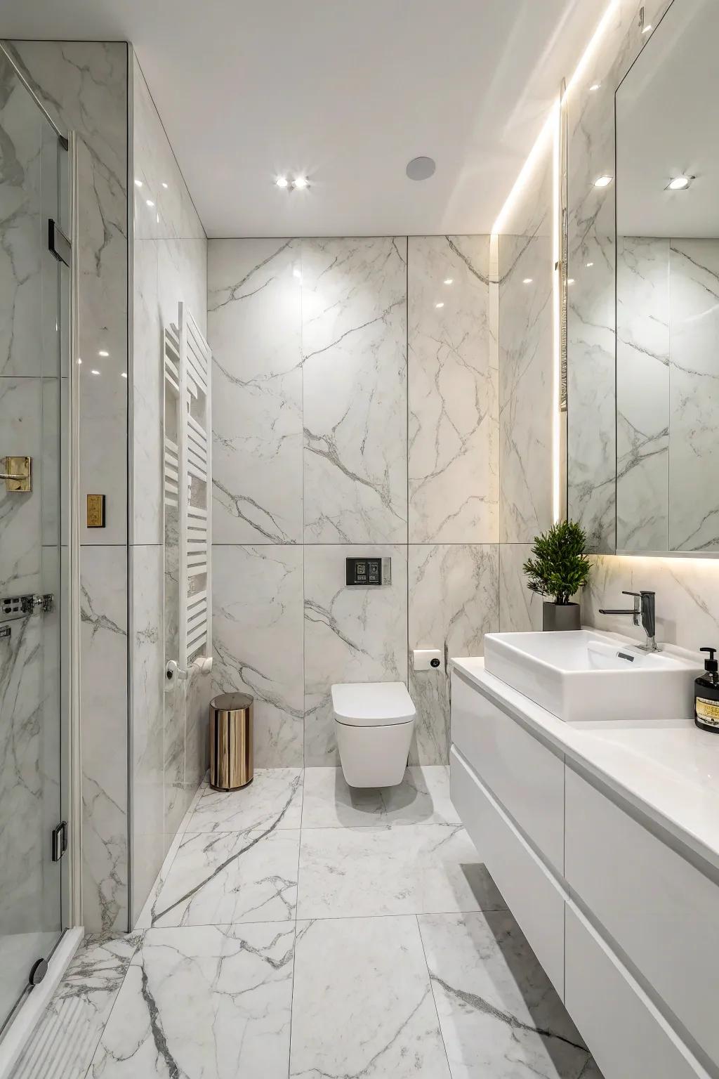 Marble from floor to ceiling enhances both the height and refinement of the space.
