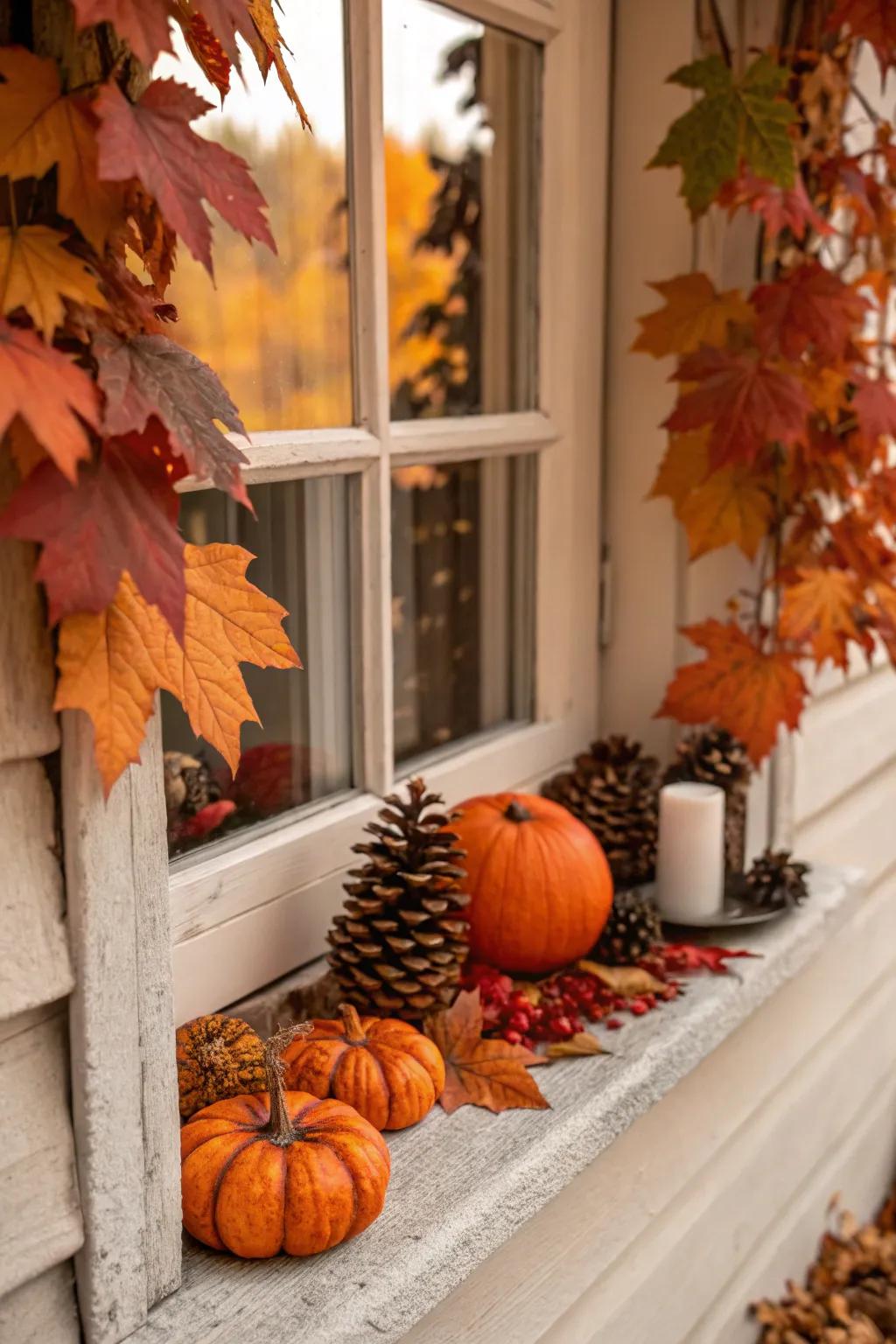 An attractive autumn window display utilizing components from nature.