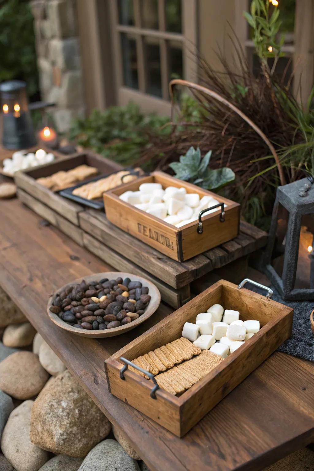A rustic s'mores bar arrangement that ideally complements an outdoor get-together.